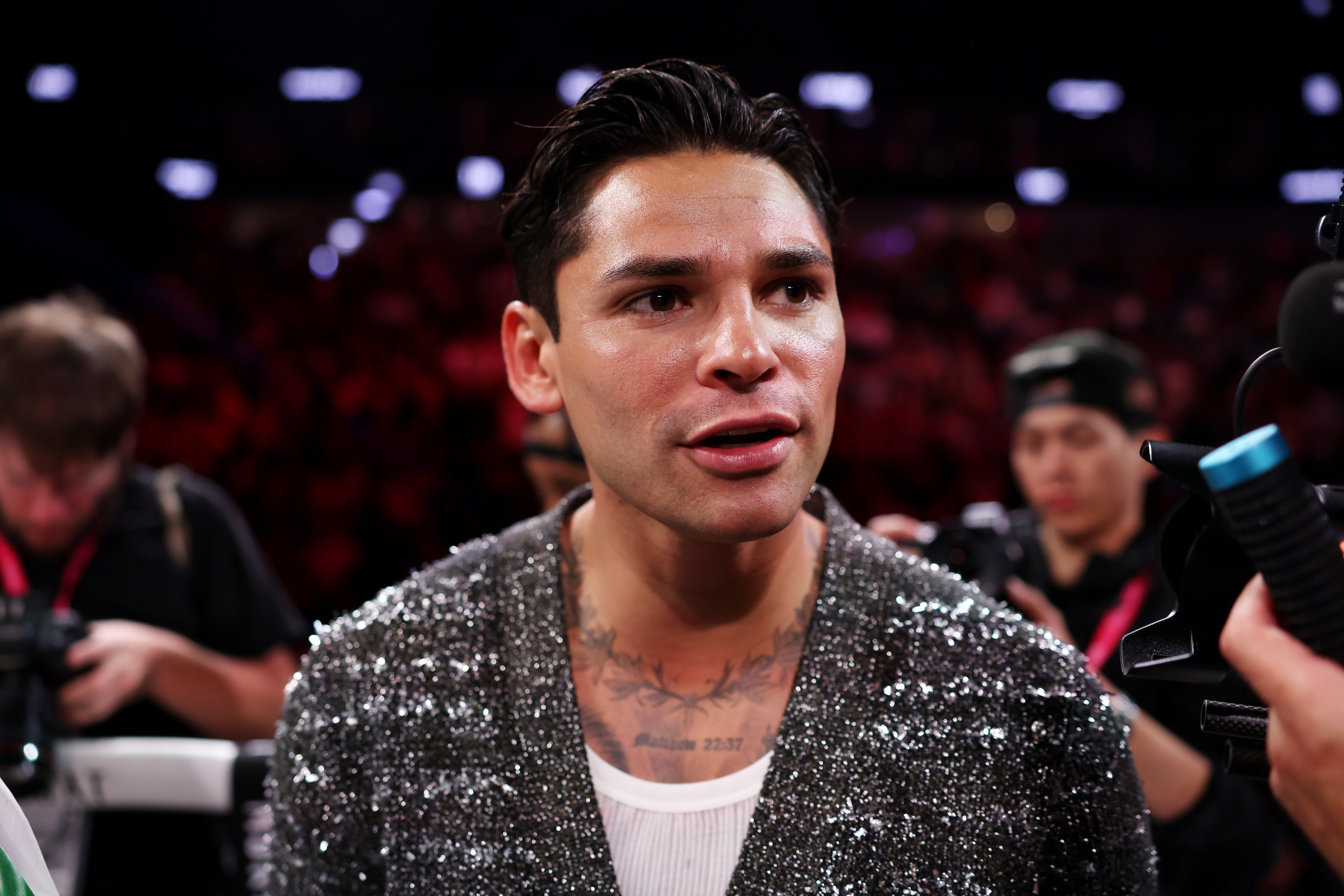 LAS VEGAS, NEVADA - MAY 02: Ryan Garcia celebrates after David Benavidez victory over Gilberto 'Zurdo" Ramirez at T-Mobile Arena on May 02, 2026 in Las Vegas, Nevada. (Photo by Cris Esqueda/Golden Boy/Getty Images)