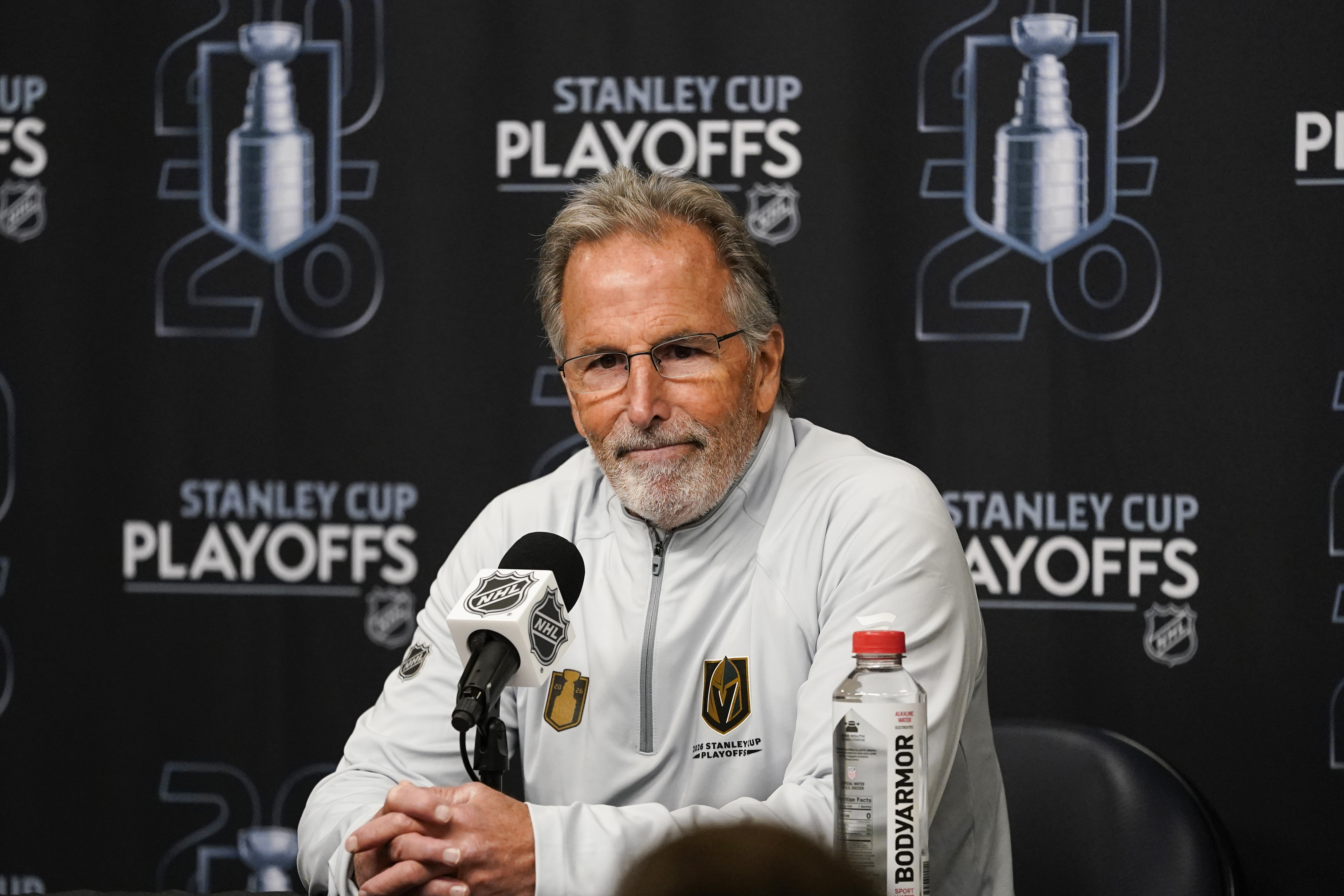 SALT LAKE CITY, UT - APRIL 24: Vegas Knights head coach John Tortorella addresses the media during game three of the NHL Stanley Cup Playoffs First Round between the Vegas Golden Knights and the Utah Mammoth on April 24, 2026 at the Delta Center in Salt Lake City, UT. (Photo by Aaron Baker/Icon Sportswire via Getty Images)