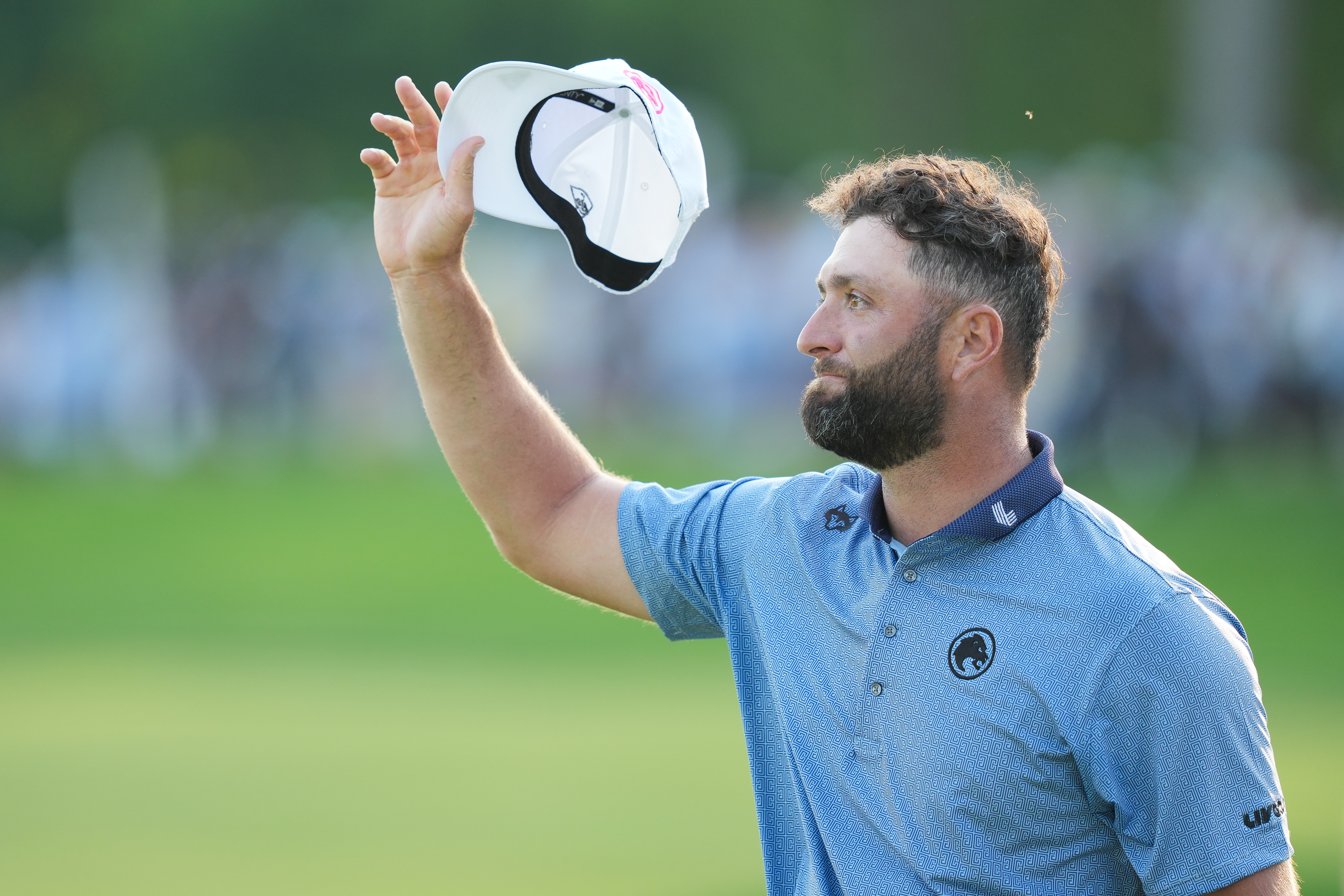 NEWTON SQUARE, PENNSYLVANIA - MAY 17: Jon Rahm of Spain acknowledges fans on the 18th green during the final round of PGA Championship at Aronimink Golf Club on May 17, 2026 in Newtown Square, Pennsylvania. (Photo by Ben Jared/PGA TOUR via Getty Images)