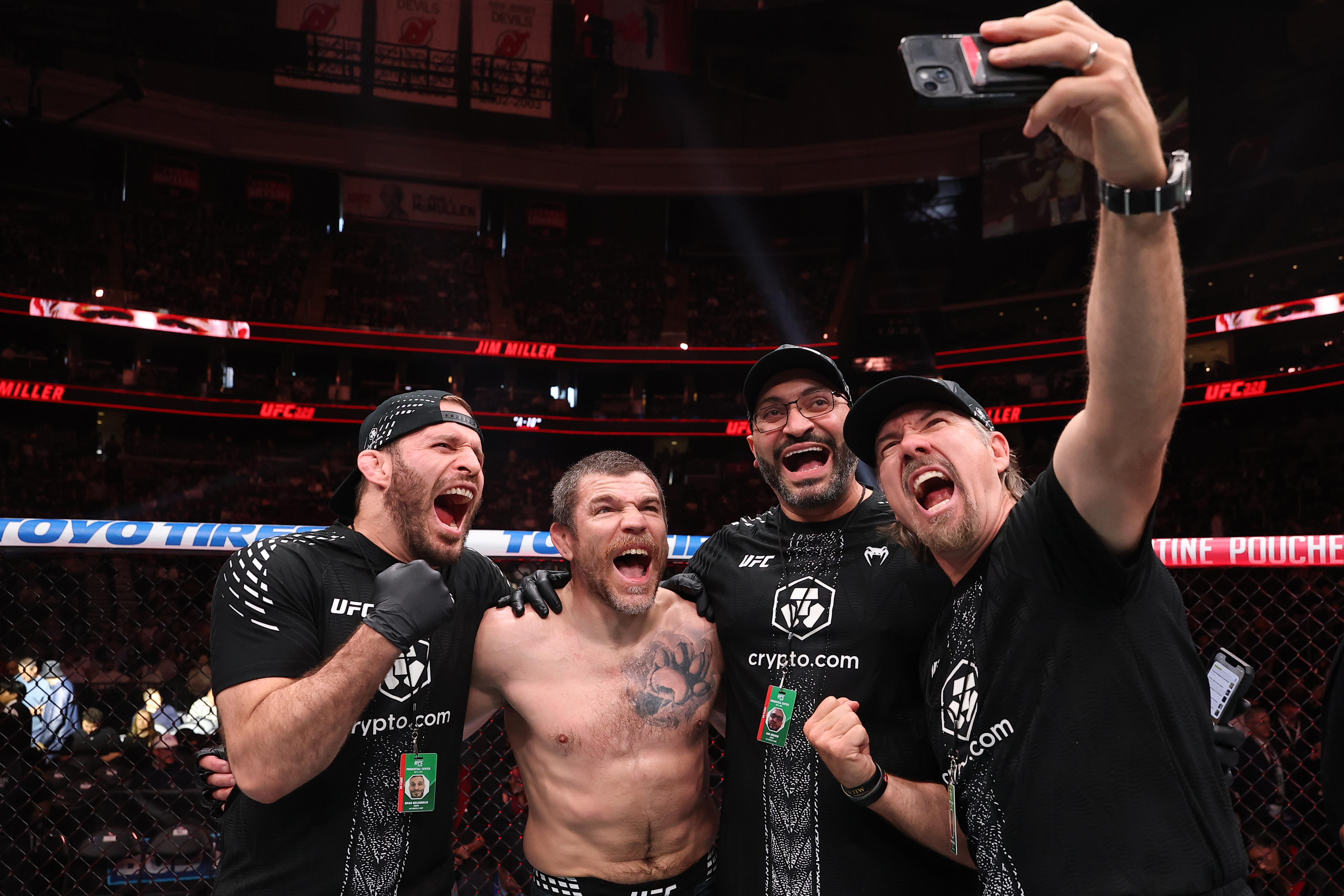 NEWARK, NEW JERSEY - MAY 09: Jim Miller reacts after a submission victory against Jared Gordon in a lightweight fight during the UFC 328 event at Prudential Center on May 09, 2026 in Newark, New Jersey. (Photo by Ed Mulholland/Zuffa LLC)