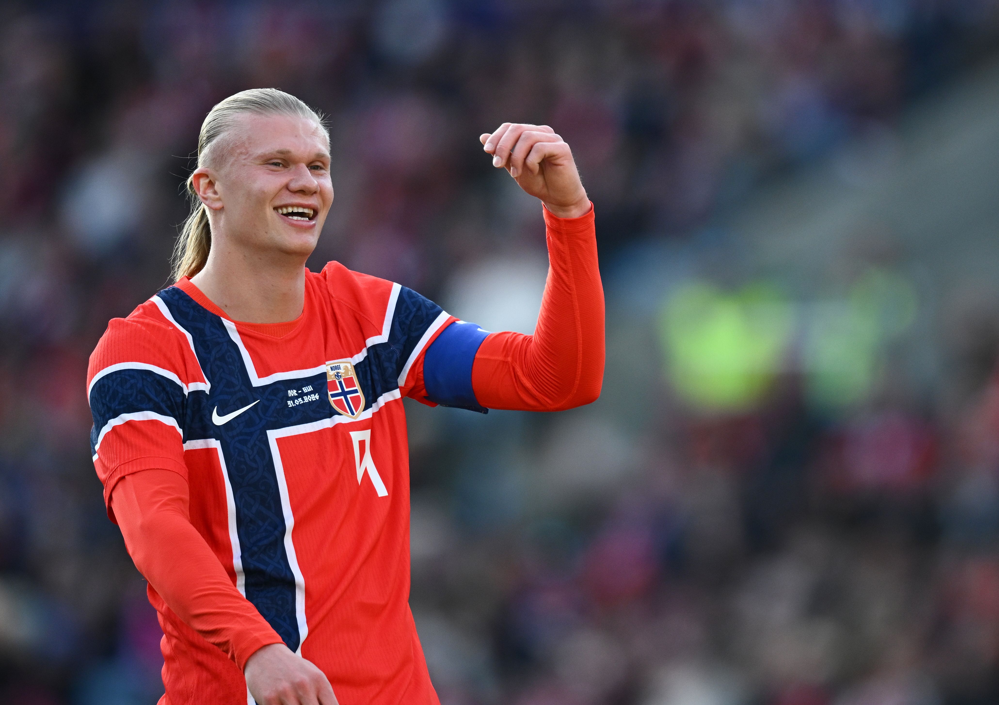 OSLO, NORWAY - MARCH 31: Erling Haaland of Norway reacts during the international friendly match between Norway and Switzerland at Ullevaal Stadion on March 31, 2026 in Oslo, Norway. (Photo by Stuart Franklin/Getty Images)