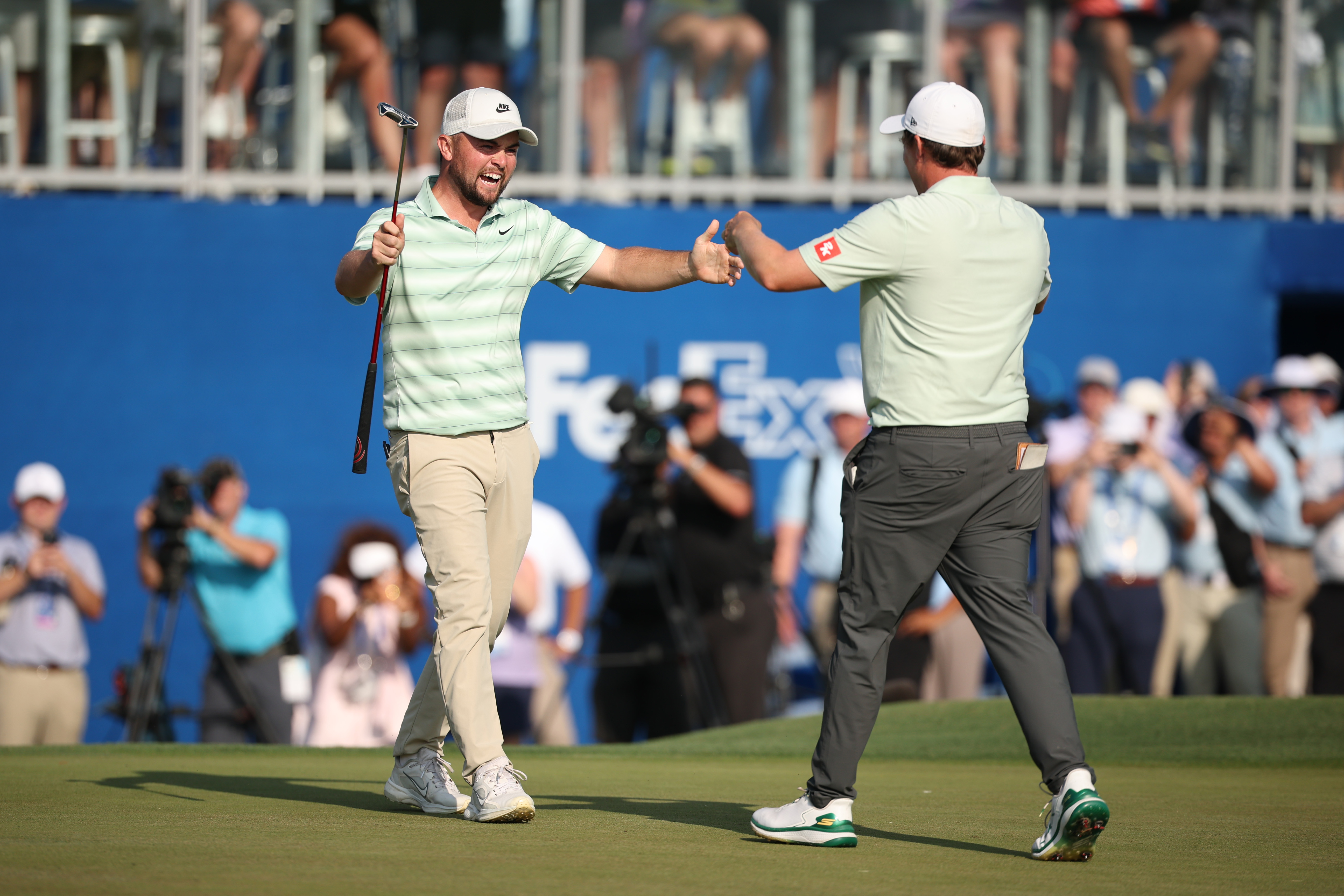 AVONDALE, LOUISIANA - APRIL 26: Alex Fitzpatrick (L) of England and Matt Fitzpatrick of England embrace on the 18th green after winning the Zurich Classic of New Orleans 2026 at TPC Louisiana on April 26, 2026 in Avondale, Louisiana. (Photo by Chris Graythen/Getty Images)