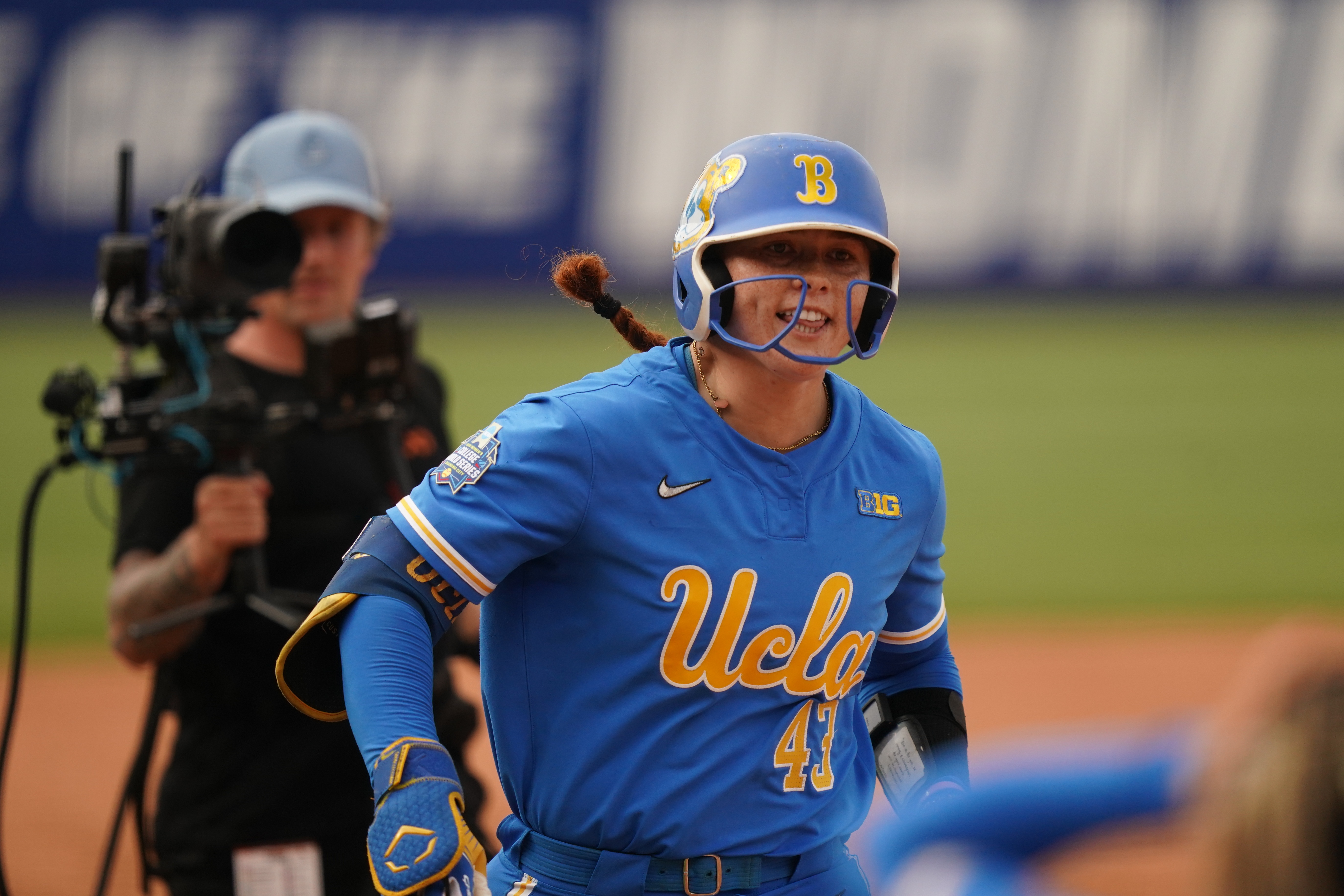 UCLA utility Megan Grant (43) rounds third after hitting a homer during an NCAA softball Women's College World Series game against Alabama, Thursday, May 28, 2026 in Oklahoma City. Alabama won 6-3. (AP Photo/Vera Nieuwenhuis)