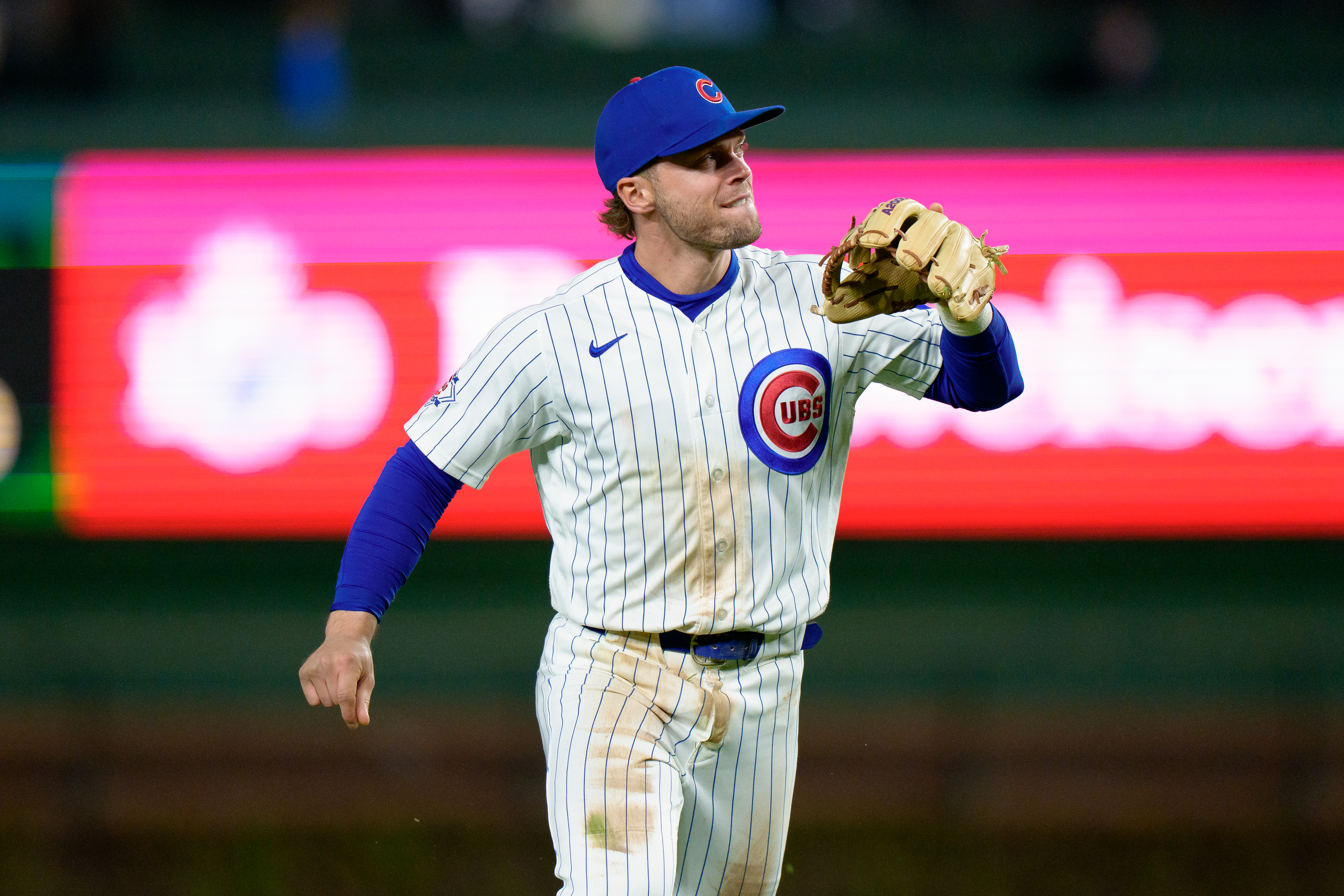 CHICAGO, ILLINOIS - APRIL 20: Nico Hoerner #2 of the Chicago Cubs looks on in a game against the Philadelphia Phillies at Wrigley Field on April 20, 2026 in Chicago, Illinois. (Photo by Matt Dirksen/Chicago Cubs /Getty Images)