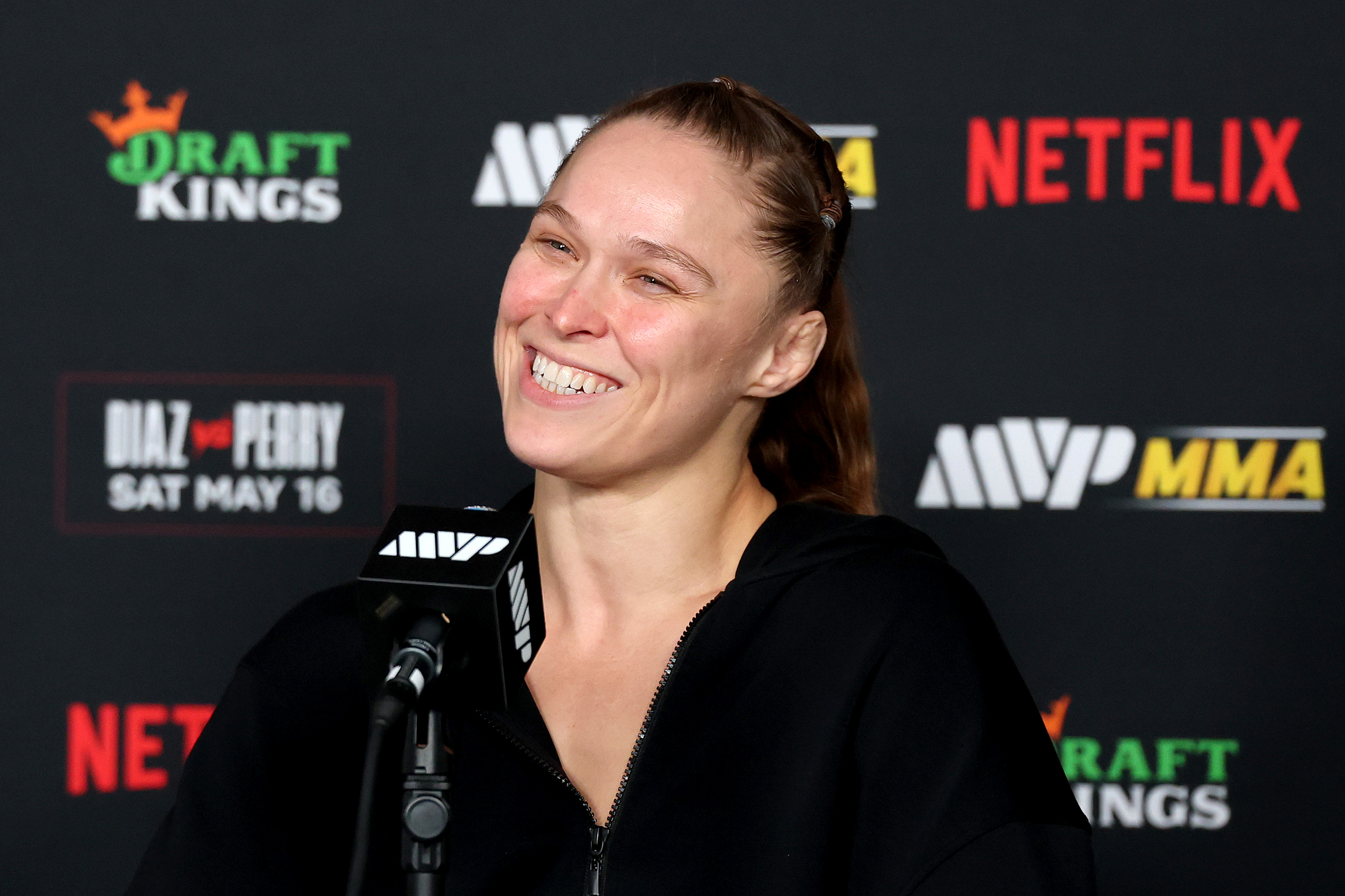 INGLEWOOD, CALIFORNIA - MAY 16: Ronda Rousey speaks to the media after the main card of Netflix's Ronda Rousey vs. Gina Carano at Intuit Dome on May 16, 2026 in Inglewood, California. (Photo by Harry How/Getty Images for Netflix)