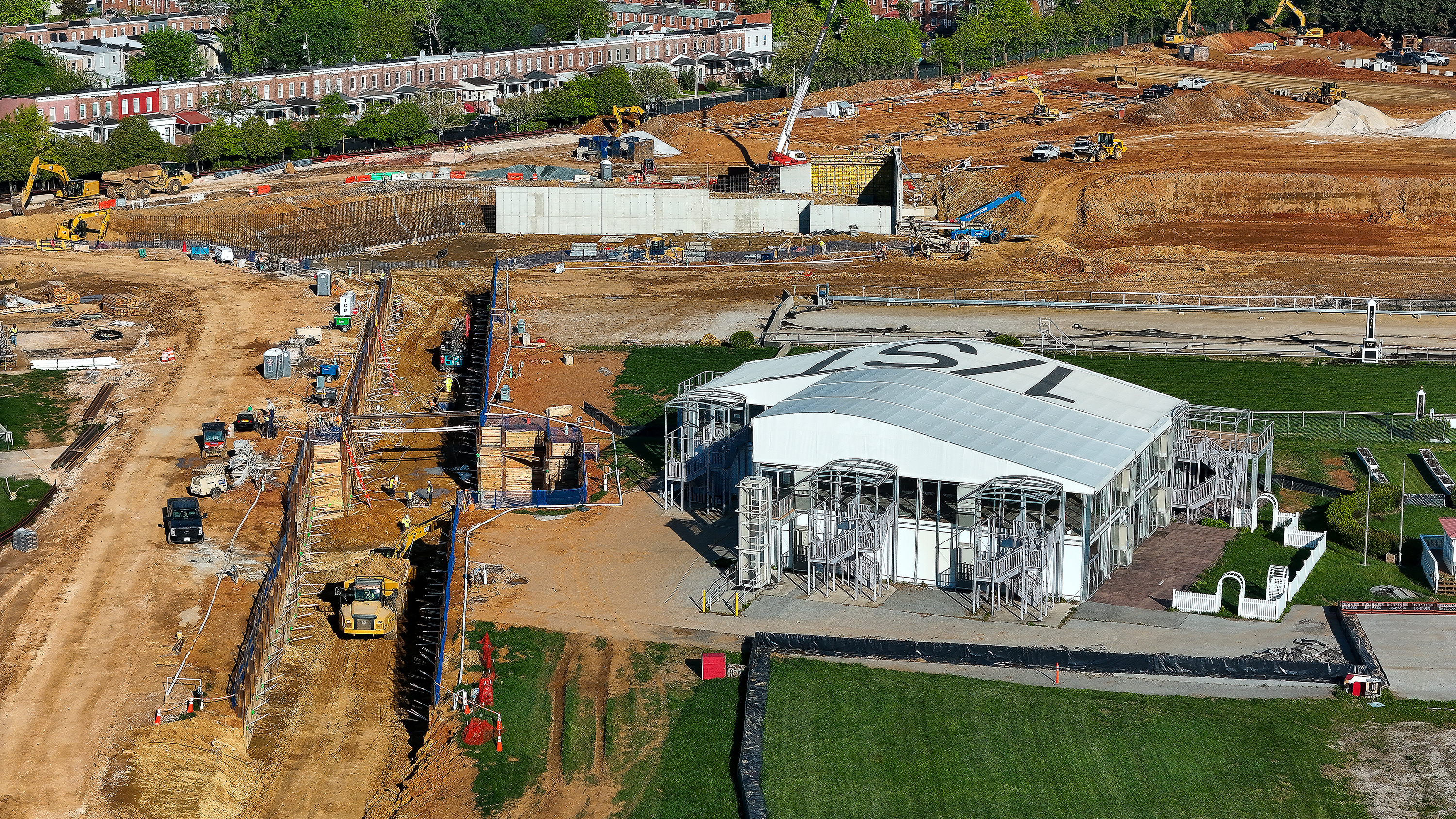Construction crews continue work at Pimlico Race Course, home of the Preakness Stakes, as preparations and upgrades move forward at the historic Baltimore track on May 1, 2026. (Kevin Richardson/Baltimore Sun/Tribune News Service via Getty Images)