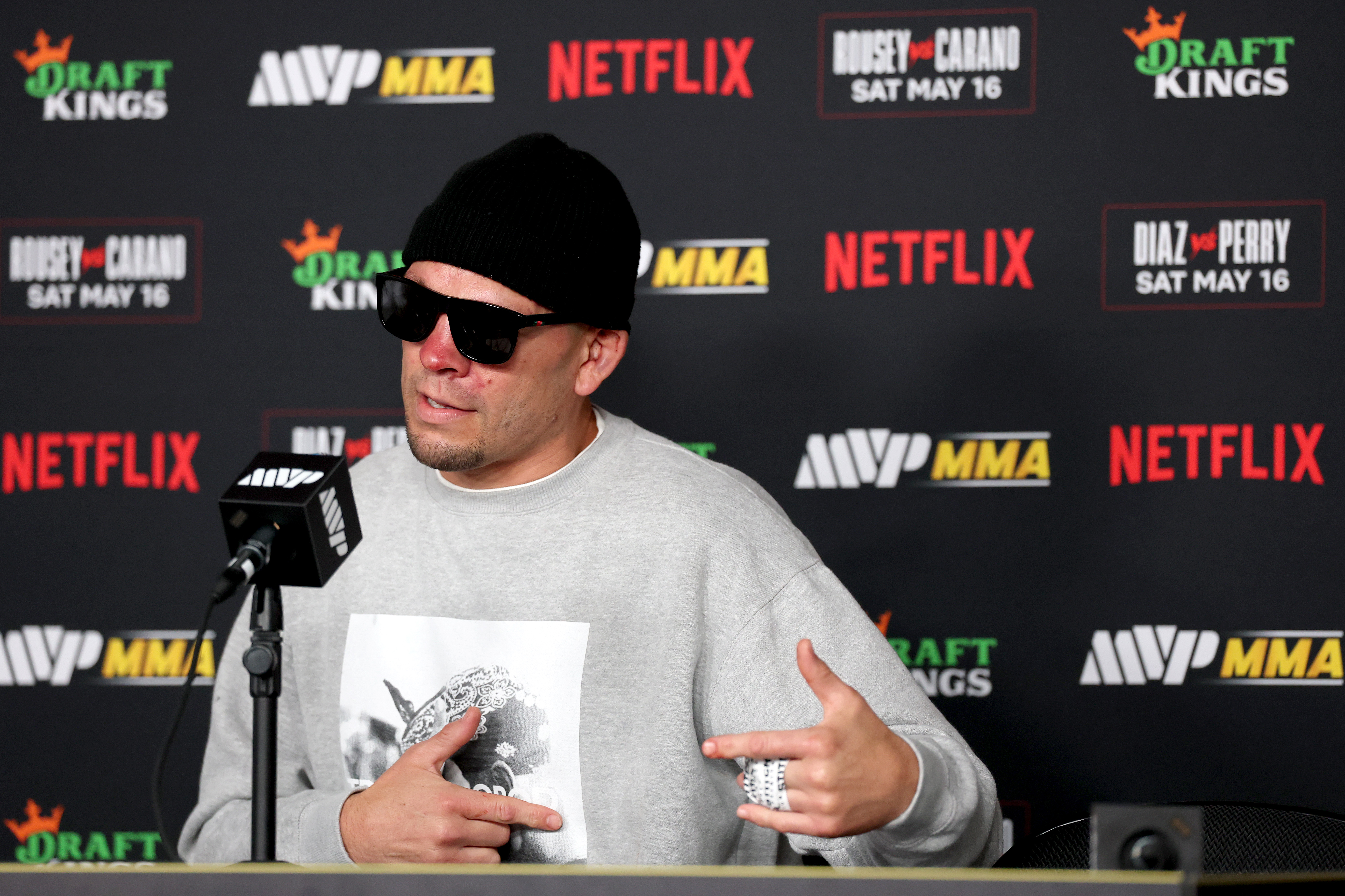 INGLEWOOD, CALIFORNIA - MAY 16: Nate Diaz speaks to the media after the main card of Netflix's Ronda Rousey vs. Gina Carano at Intuit Dome on May 16, 2026 in Inglewood, California. (Photo by Harry How/Getty Images for Netflix)