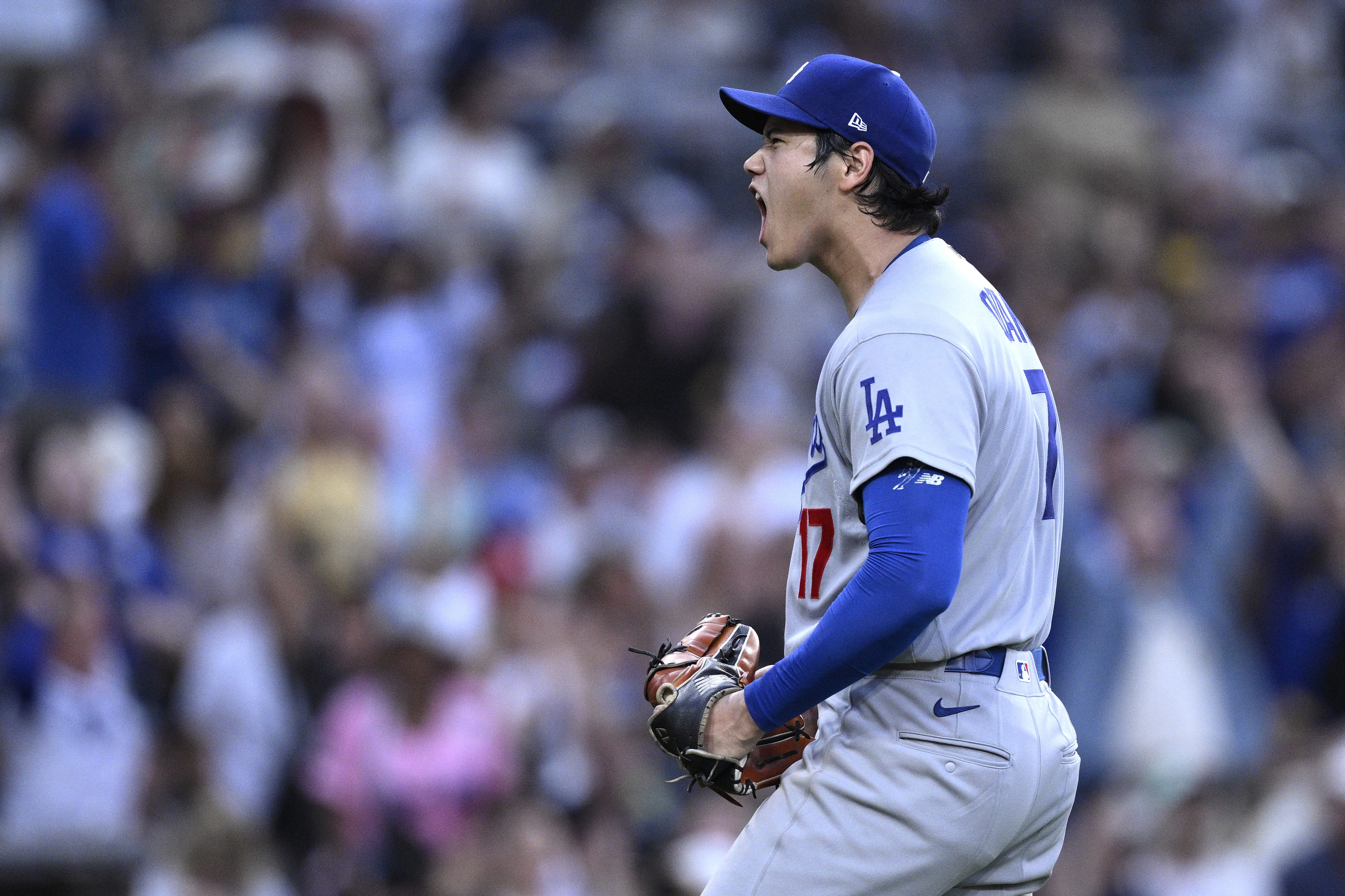SAN DIEGO, CALIFORNIA - MAY 20: Shohei Ohtani #17 of the Los Angeles Dodgers celebrates after a double play against the San Diego Padres during the fifth inning at Petco Park on May 20, 2026 in San Diego, California. (Photo by Orlando Ramirez/Getty Images)