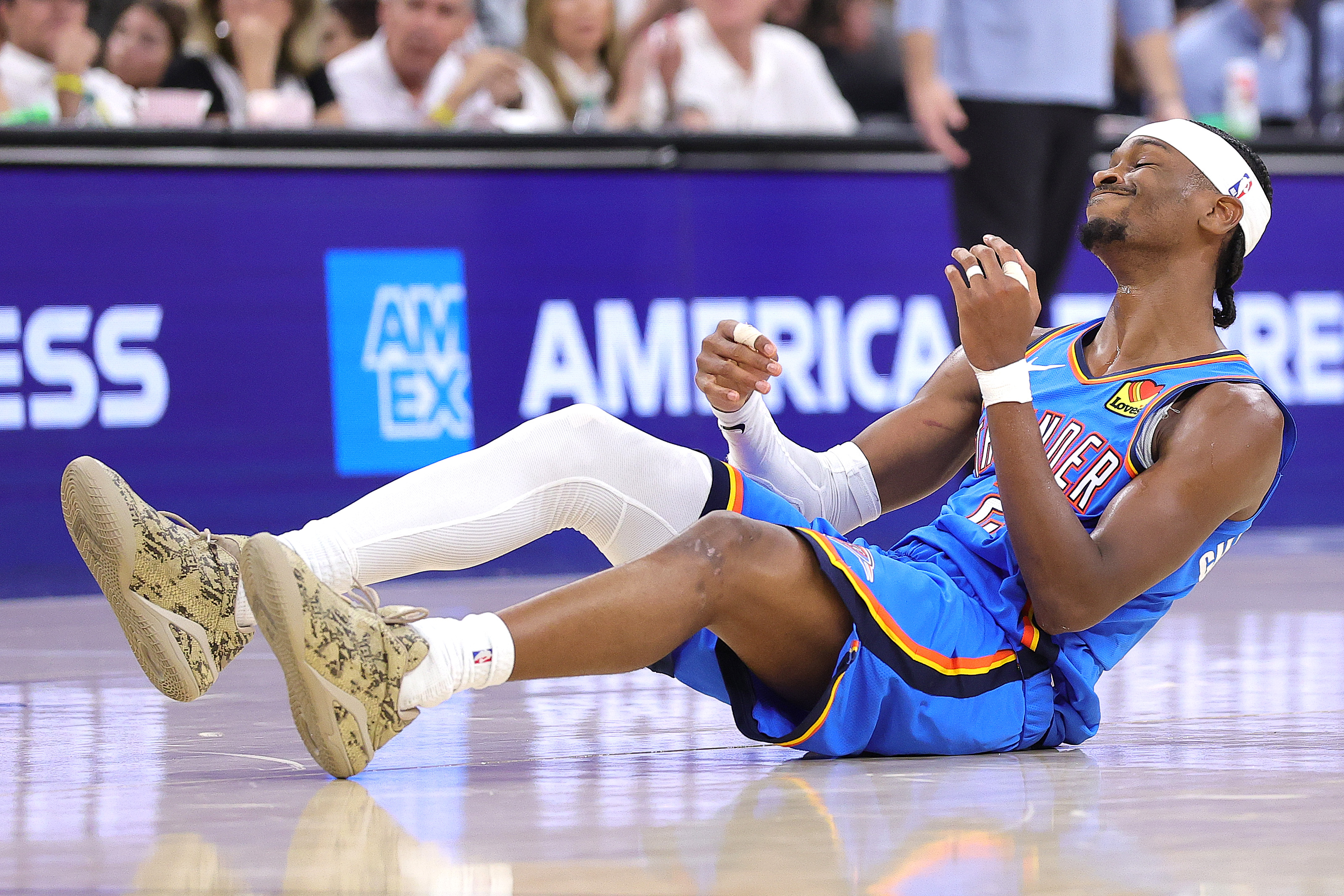 SAN ANTONIO, TEXAS - MAY 24:  Shai Gilgeous-Alexander #2 of the Oklahoma City Thunder reacts during the second quarter after scoring a goal in Game Four of the NBA Western Conference Finals at Frost Bank Center on May 24, 2026 in San Antonio, Texas. NOTE TO USER: User expressly acknowledges and agrees that, by downloading and or using this photograph, User is consenting to the terms and conditions of the Getty Images License Agreement. (Photo by Alex Slitz/Getty Images)