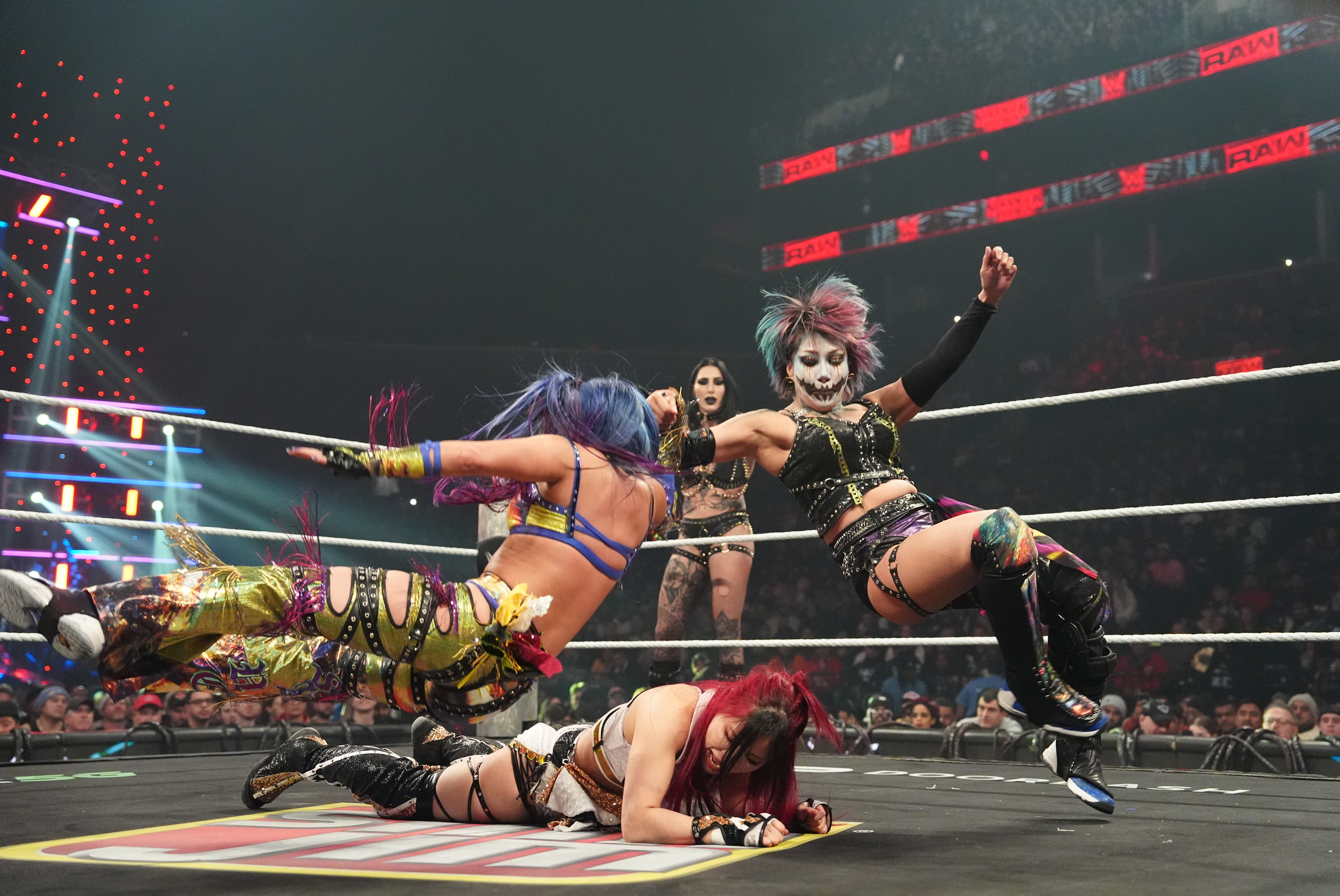NEW YORK, NEW YORK - JANUARY 5: Kairi Sane, Asuka in action against IYO SKY during Monday Night RAW at Barclays Center on January 5, 2026 in New York, New York.  (Photo by Georgiana Dallas/WWE via Getty Images)