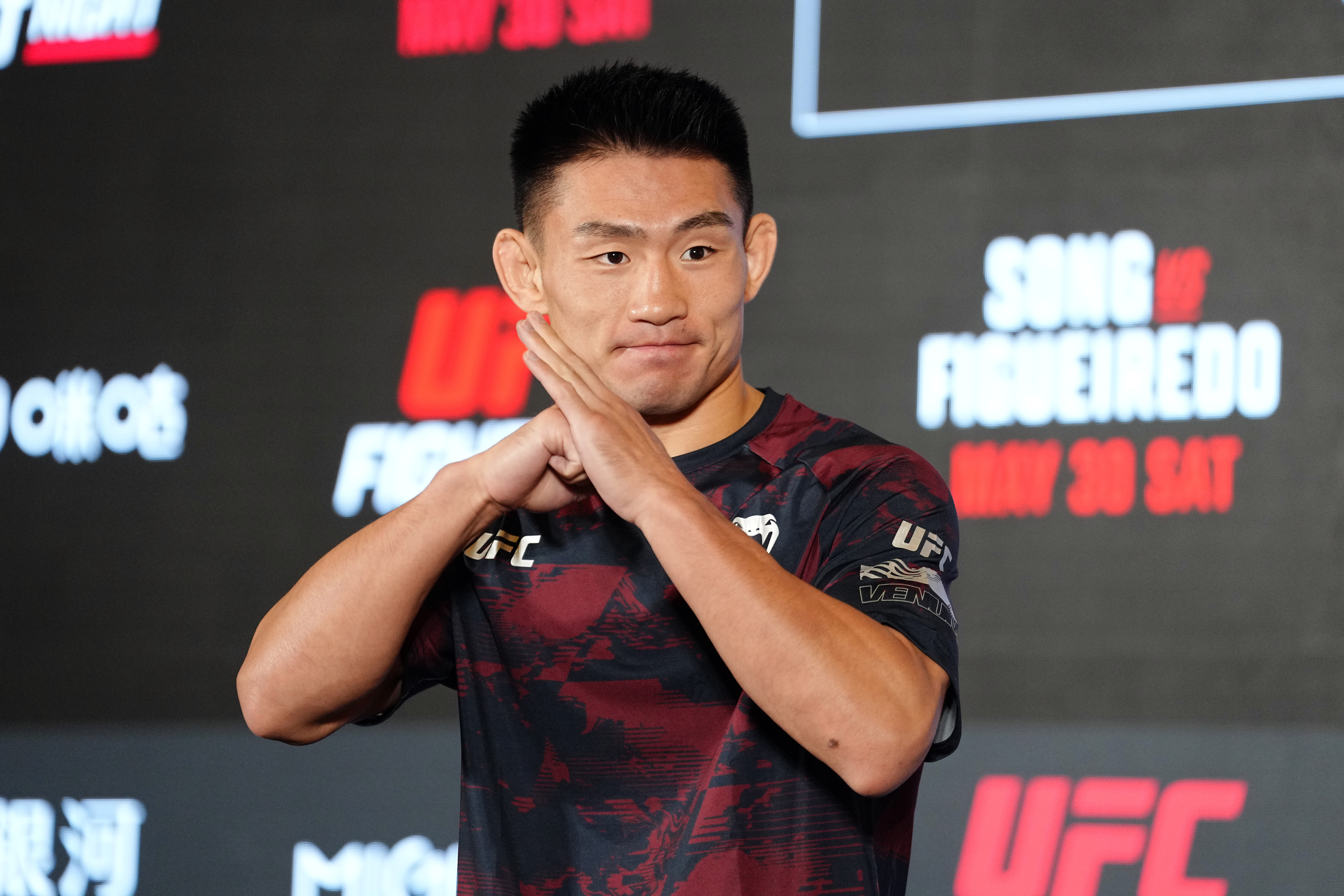 MACAU, CHINA - MAY 27: Song Yadong of China works out for fans and media during the UFC Fight Night open workouts at Galaxy Promenade East Square on May 27, 2026 in Macau, China.  (Photo by Jeff Bottari/Zuffa LLC)