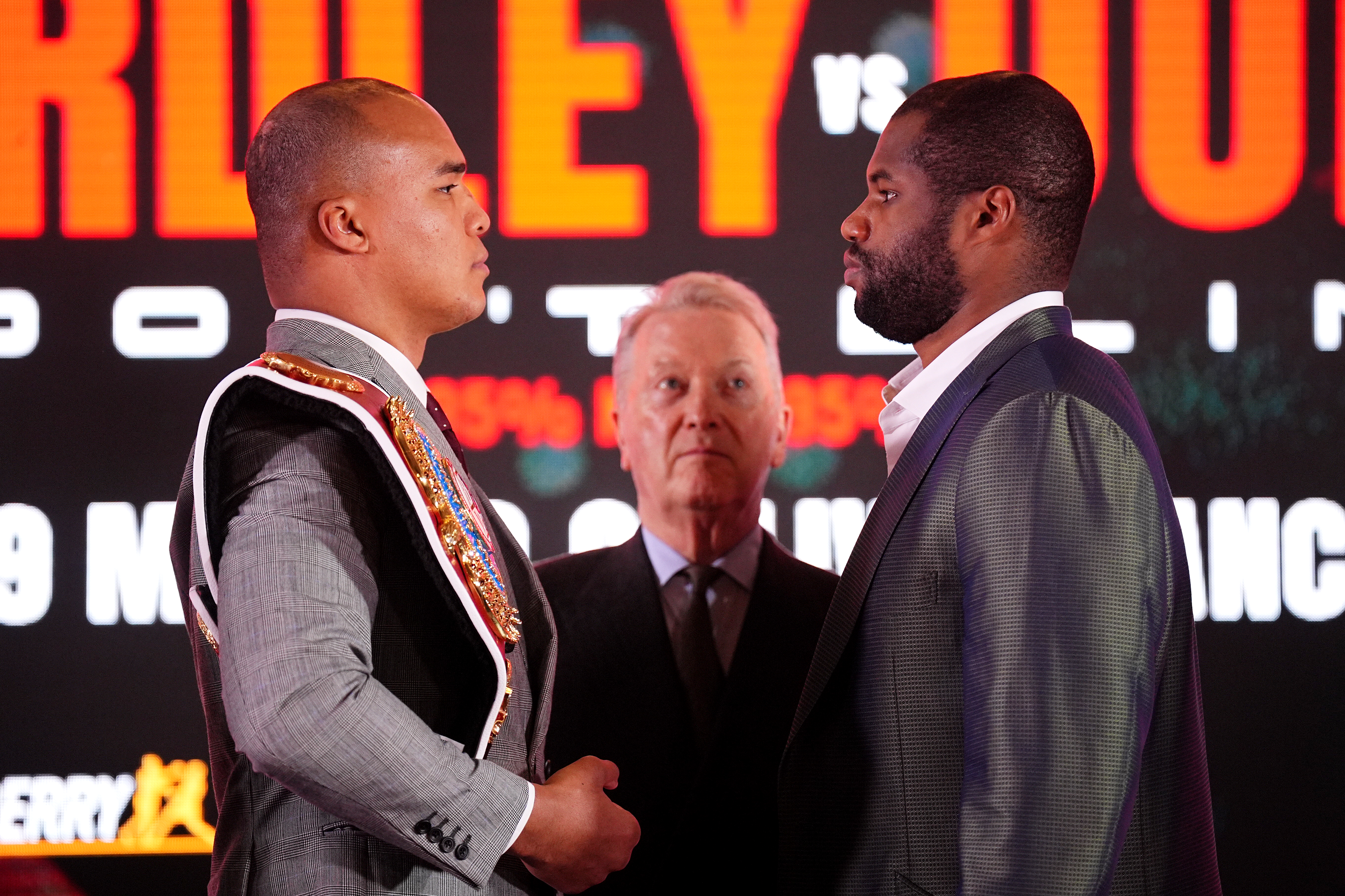 Fabio Wardley and Daniel Dubois (right) face off as Frank Warren watches on during a press conference at The Dutch Hall, London. Picture date: Wednesday February 25, 2026. (Photo by James Manning/PA Images via Getty Images)