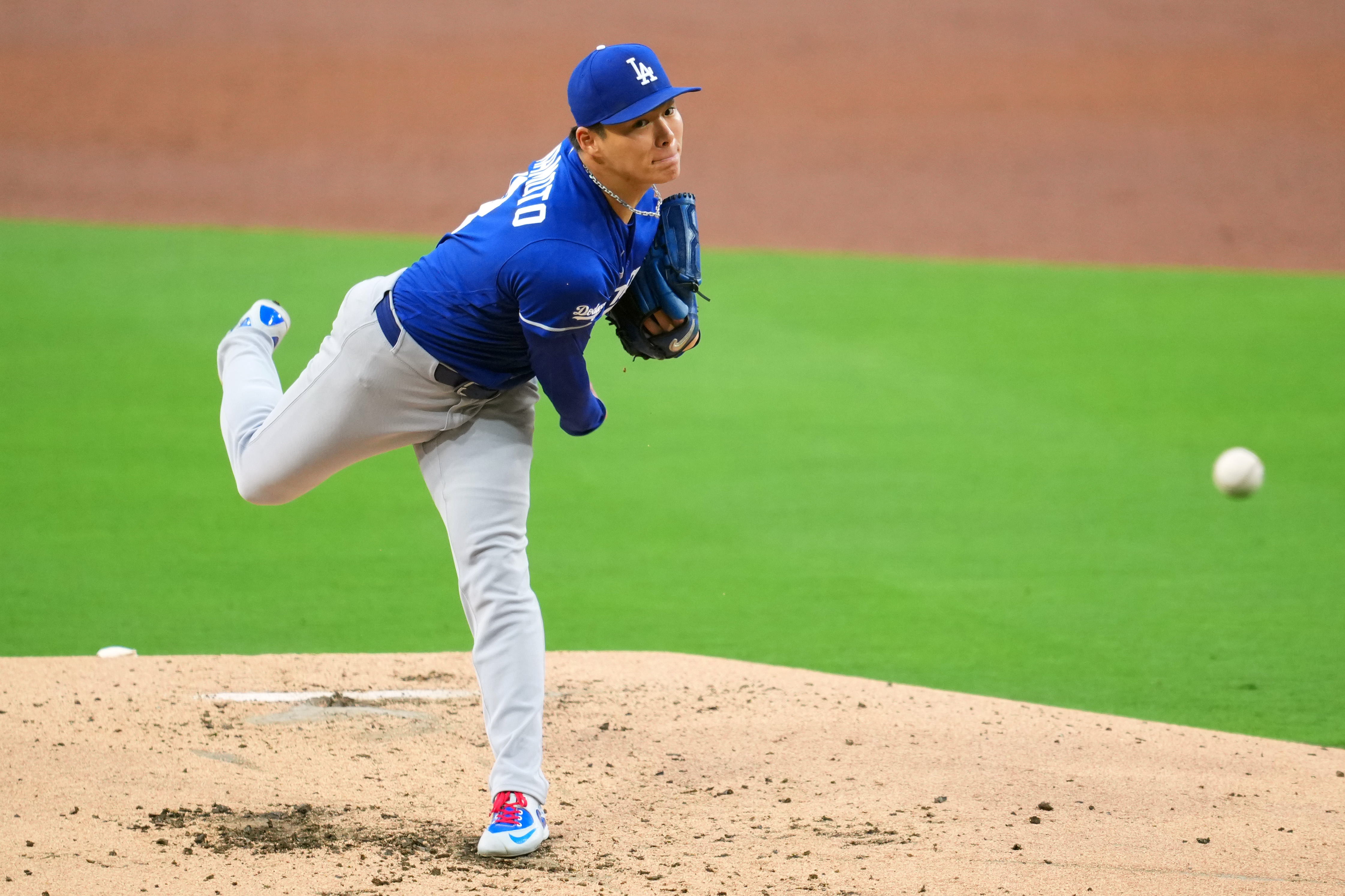 SAN DIEGO, CALIFORNIA - MAY 18:  Yoshinobu Yamamoto #18 of the Los Angeles Dodgers pitches during the game between the Los Angeles Dodgers and the San Diego Padres at Petco Park on May 18, 2026 in San Diego, California. (Photo by Yuichi Masuda/Getty Images)