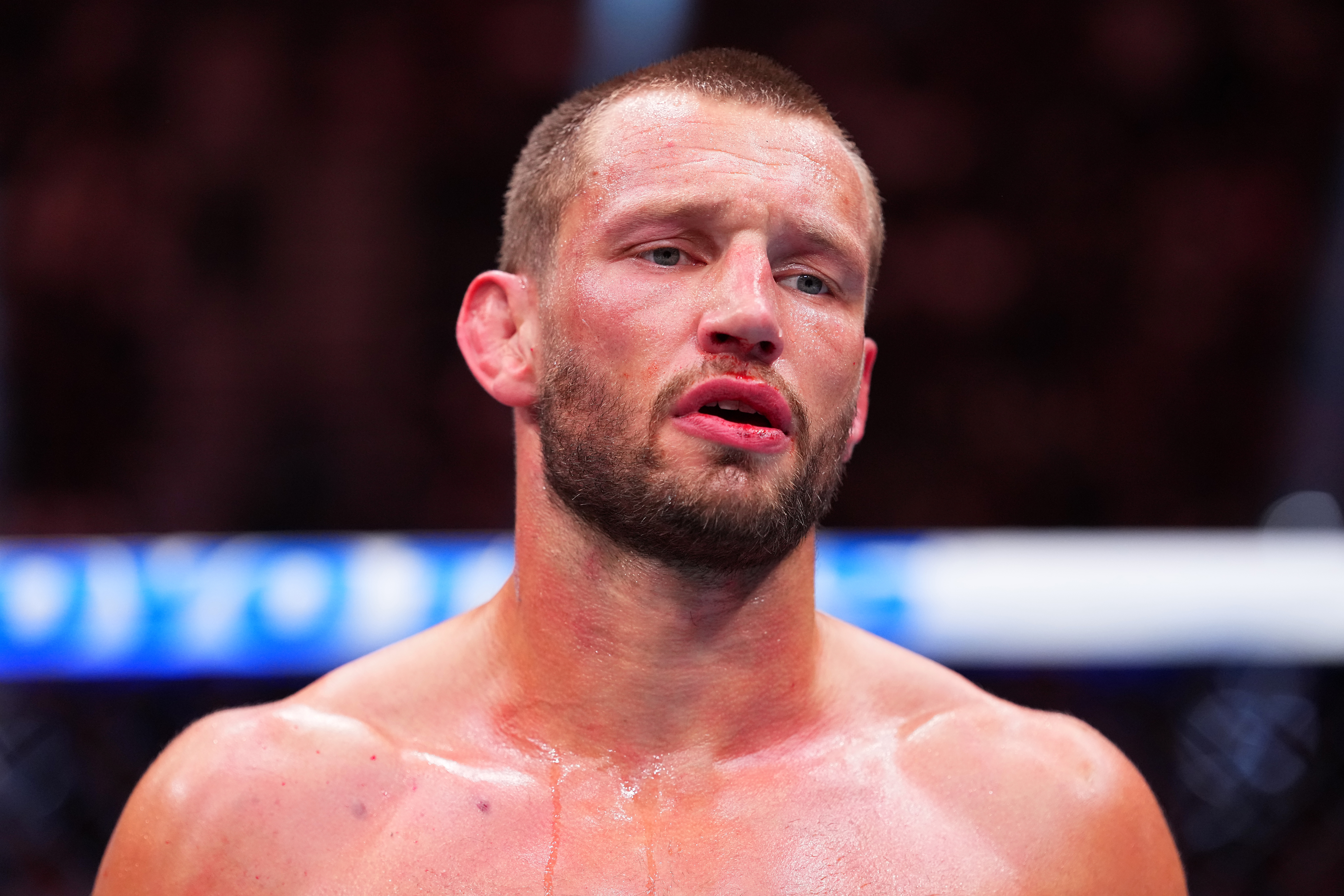 LAS VEGAS, NEVADA - MARCH 07: Reinier de Ridder of The Netherlands reacts to the end of the match in a middleweight fight during the UFC 326 event at T-Mobile Arena on March 07, 2026 in Las Vegas, Nevada.  (Photo by Jeff Bottari/Zuffa LLC)