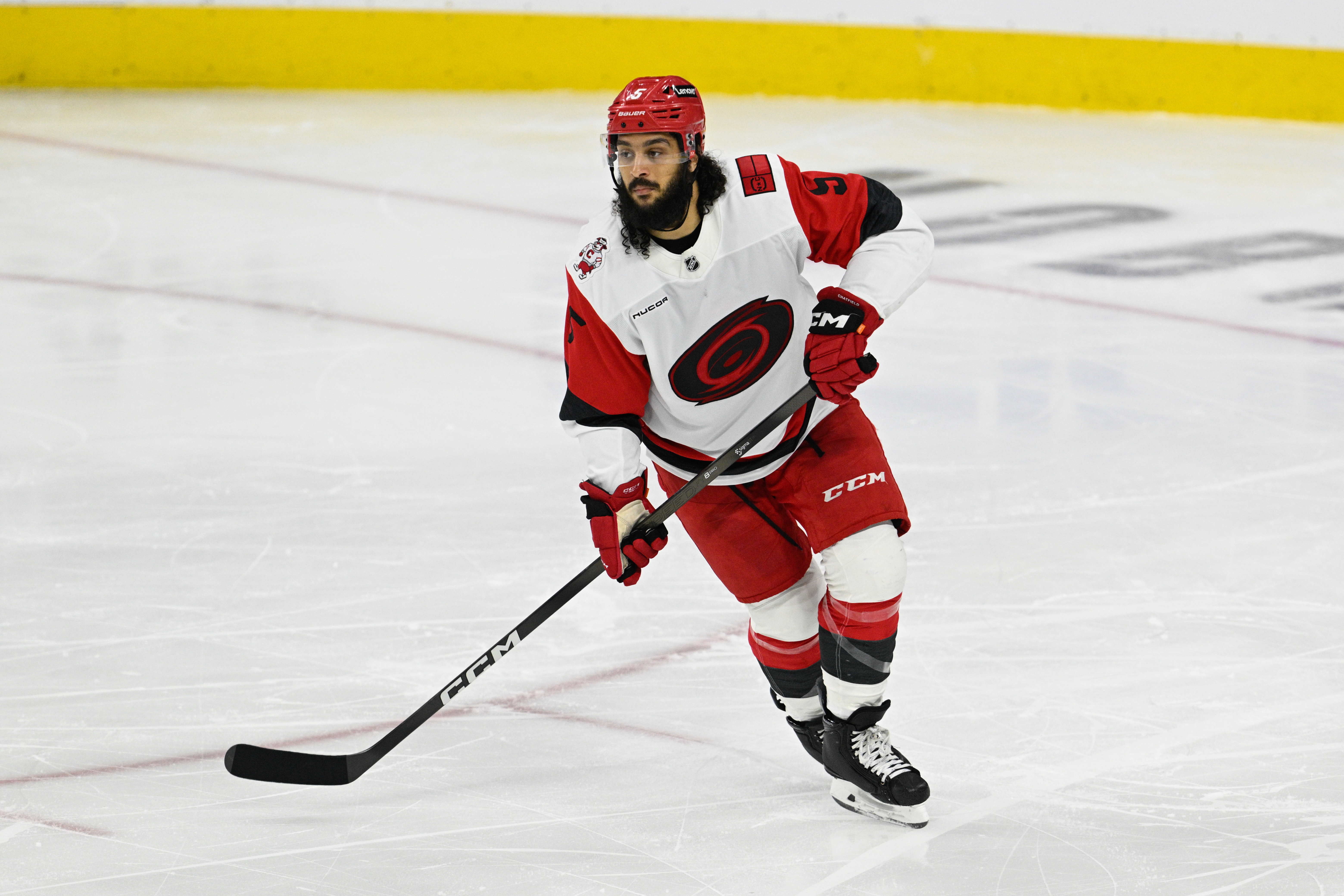 PHILADELPHIA , PA - MAY 09: Carolina Hurricanes defenseman Jalen Chatfield #5 is shown during game four of the NHL Stanley Cup Playoffs Second Round between the Philadelphia Flyers and the Carolina Hurricanes on May 7th, 2026 at the Xfinity Mobile Arena in Philadelphia, PA. (Photo by Terence Lewis/Icon Sportswire via Getty Images)