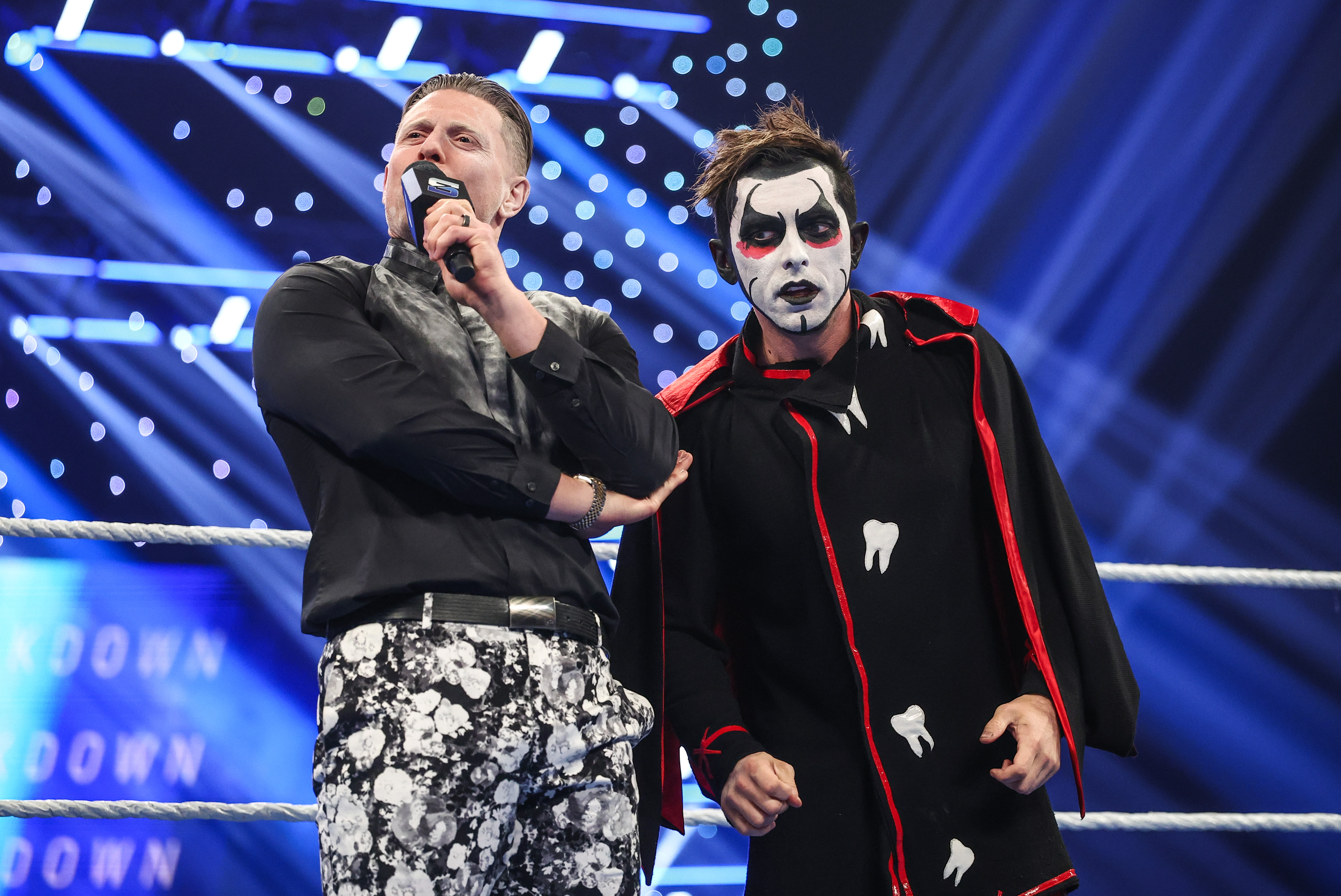 TULSA, OKLAHOMA - MAY 01: Miz speaks with Danhausen during SmackDown at BOK Center on May 1, 2026 in Tulsa, Oklahoma. (Photo by Meg Oliphant/WWE via Getty Images)