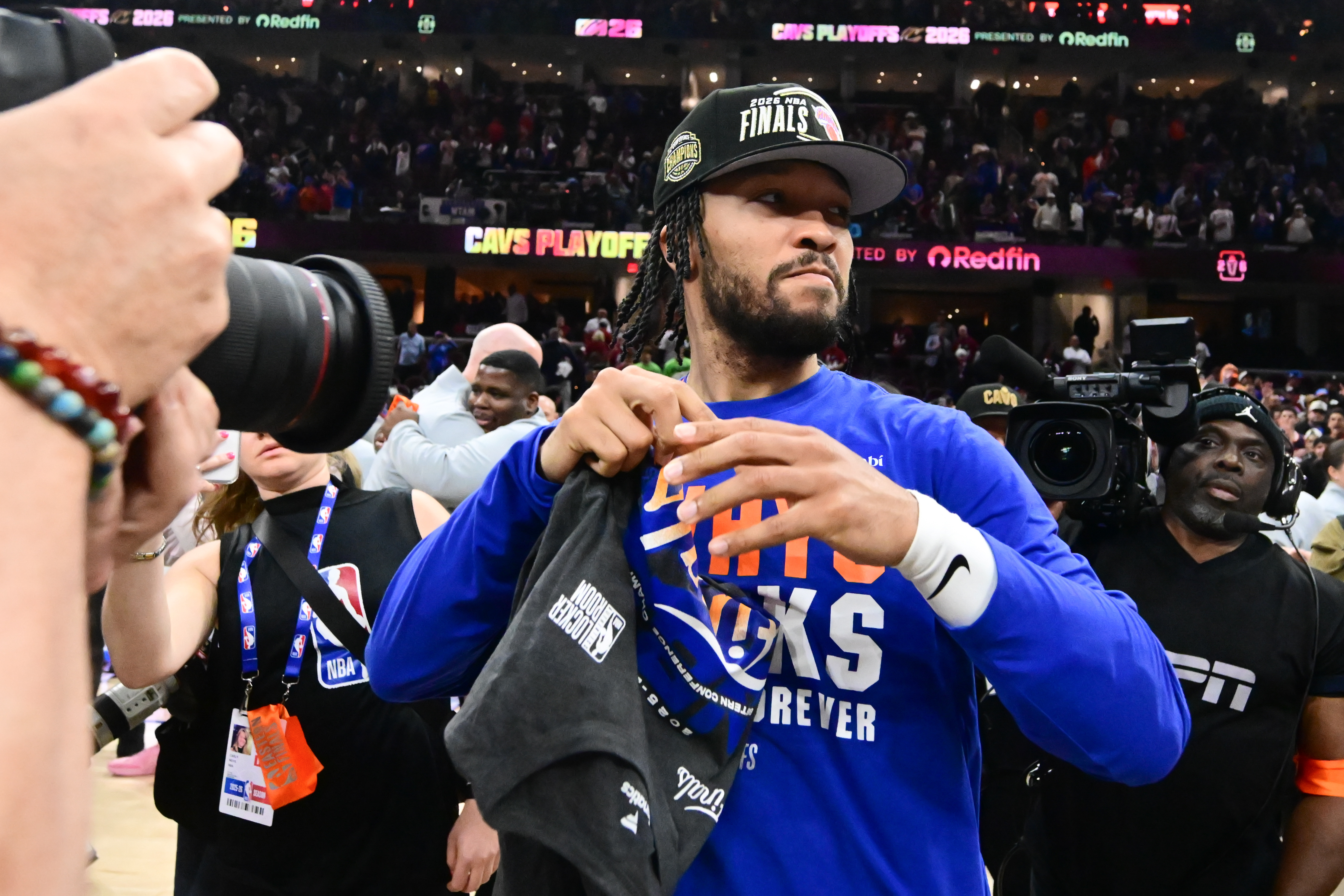 May 25, 2026; Cleveland, Ohio, USA;New York Knicks guard Jalen Brunson (11) looks on after defeating the Cleveland Cavaliers in game four of the eastern conference finals for the 2026 NBA playoffs at Rocket Arena. Mandatory Credit: Ken Blaze-Imagn Images