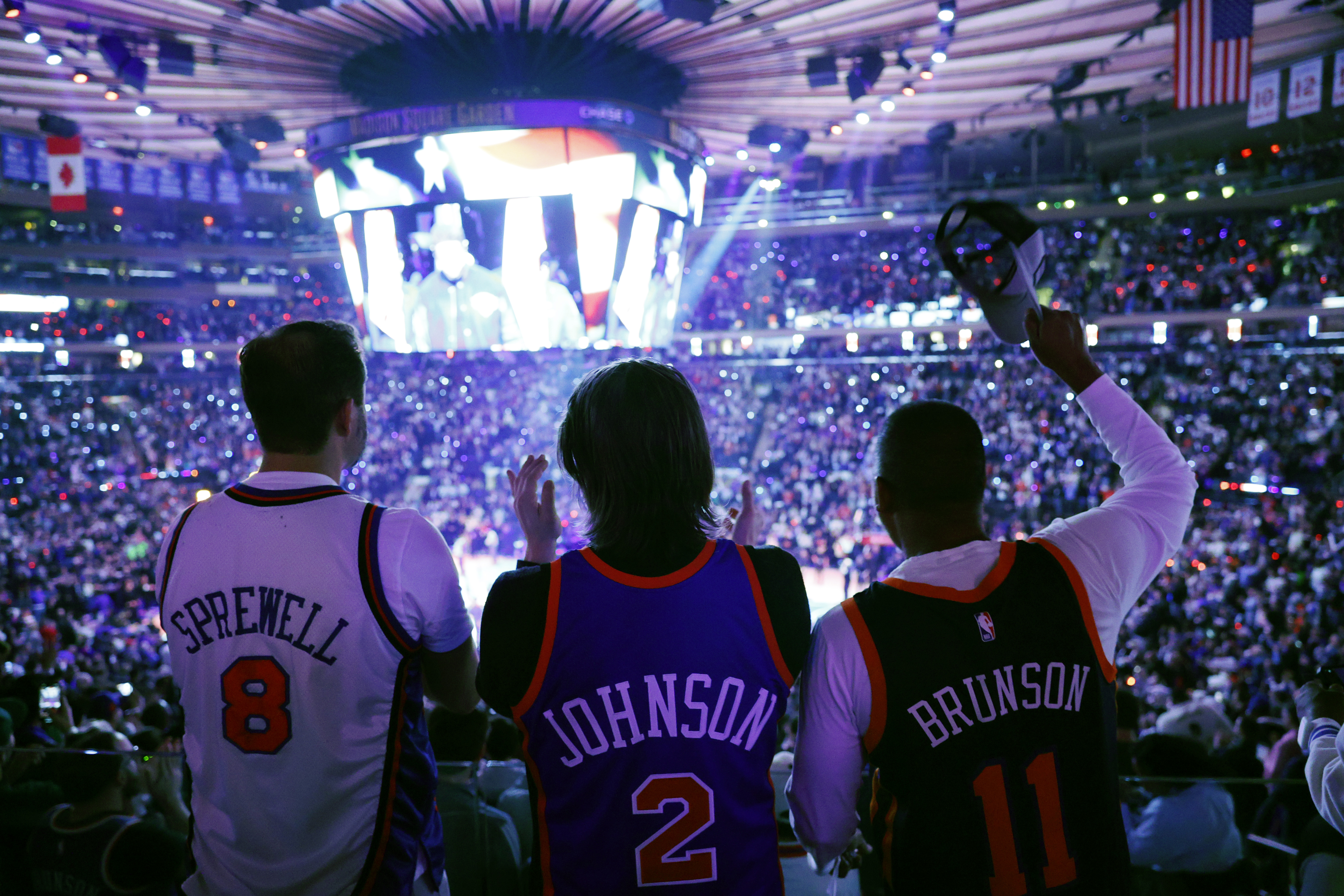 NEW YORK, NEW YORK - APRIL 22: Fans react at the start of the game between the New York Knicks and the Philadelphia 76ers in Game Two of the Eastern Conference First Round Playoffs at Madison Square Garden on April 22, 2024 in New York City. NOTE TO USER: User expressly acknowledges and agrees that, by downloading and or using this photograph, User is consenting to the terms and conditions of the Getty Images License Agreement. (Photo by Sarah Stier/Getty Images)