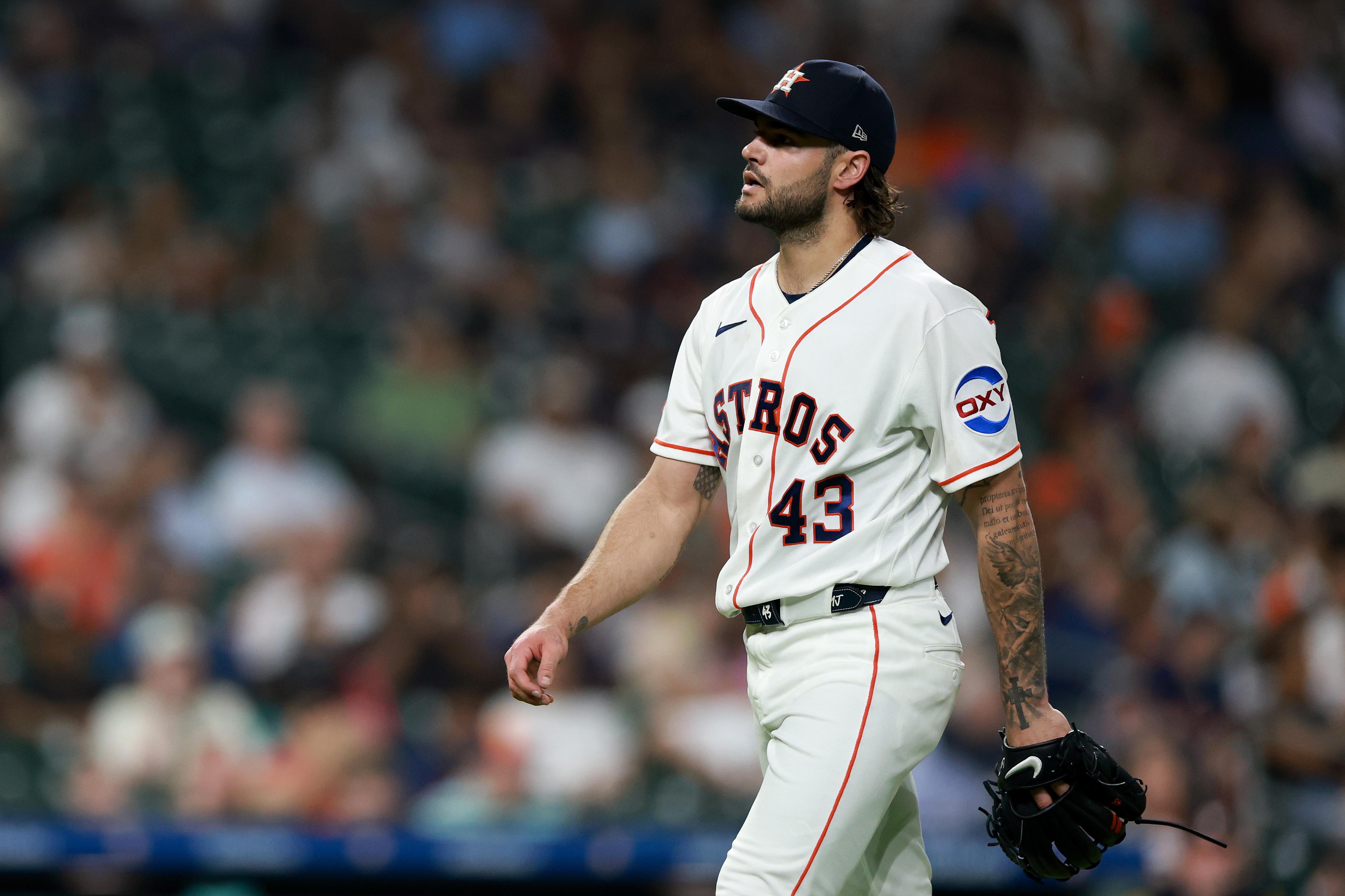 HOUSTON, TEXAS - MAY 13: Lance McCullers Jr. #43 of the Houston Astros walks to the dugout during the fifth inning against the Seattle Mariners at Daikin Park on May 13, 2026 in Houston, Texas. (Photo by Kenneth Richmond/Getty Images)