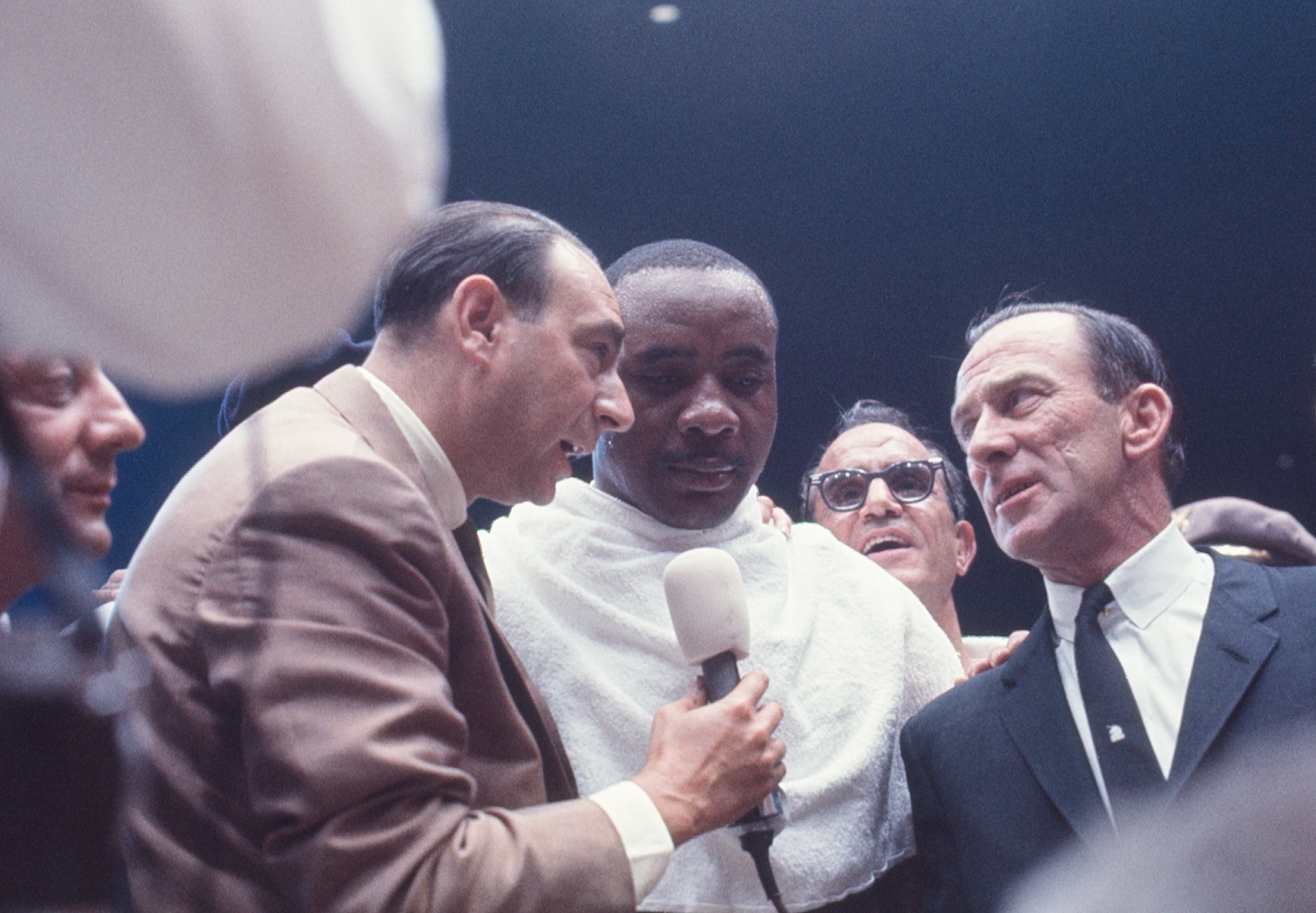 LAS VEGAS, NEVADA - JULY 22, 1963: Sportscaster Howard Cosell interviews World Heavyweight Champion Sonny Liston in the ring after he successfully dended his title. Liston (215 lbs.) knocked out former champ Floyd Patterson (194 lbs.) in the first round on July 22, 1963 at the Las Vegas Convention Center in Las Vegas, Nevada. (Photo by James Drake/Getty Images)