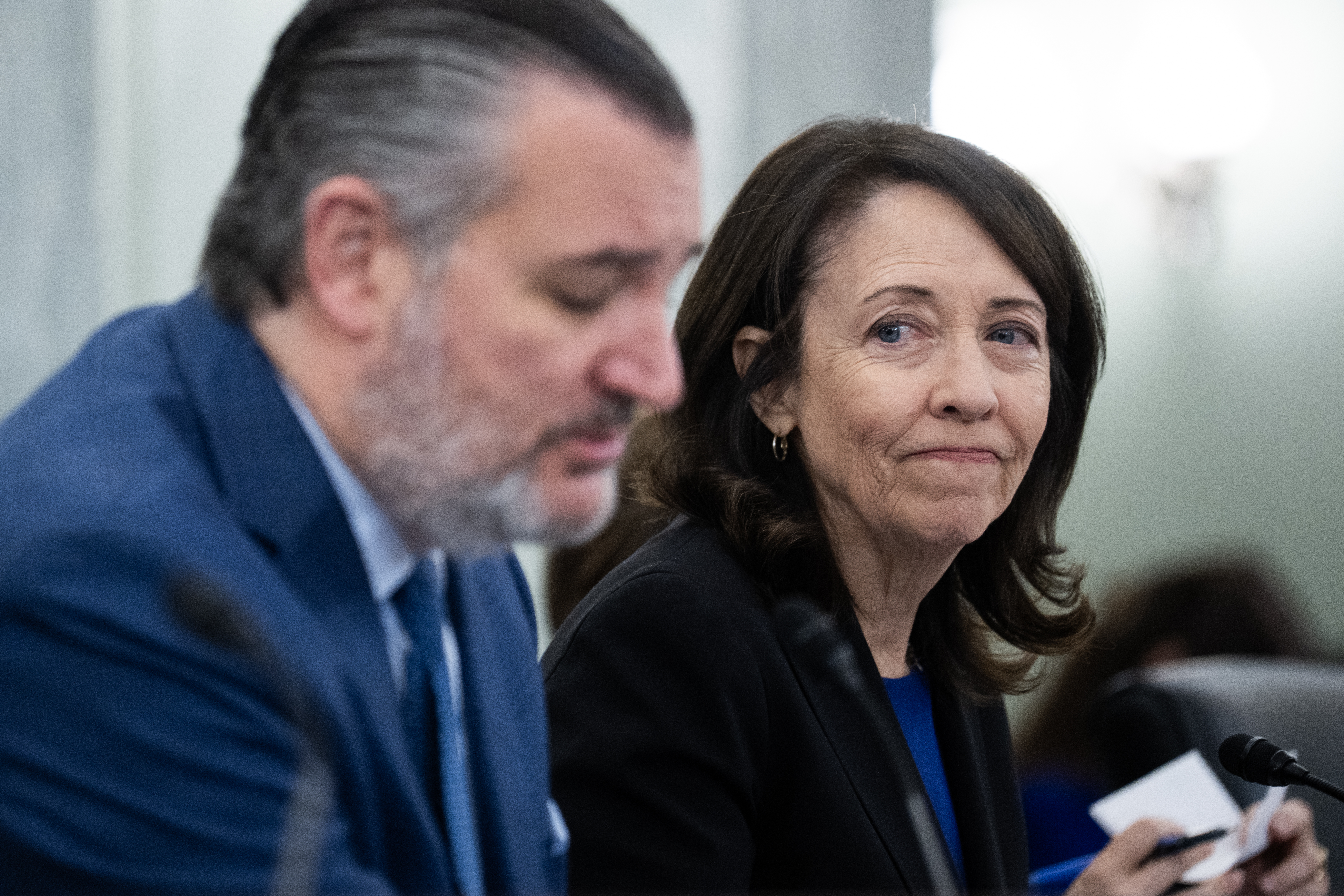 UNITED STATES - APRIL 14: Chairman Ted Cruz, R-Texas, and ranking member Sen. Maria Cantwell , D-Wash., conduct the Senate Commerce, Science and Transportation Committee hearing titled "Oversight of the Federal Trade Commission," in Russell building on Wednesday, April 15, 2026. Federal Trade Commission Chairman Andrew Ferguson and Commissioner Mark Meador testified. (Tom Williams/CQ-Roll Call, Inc via Getty Images)