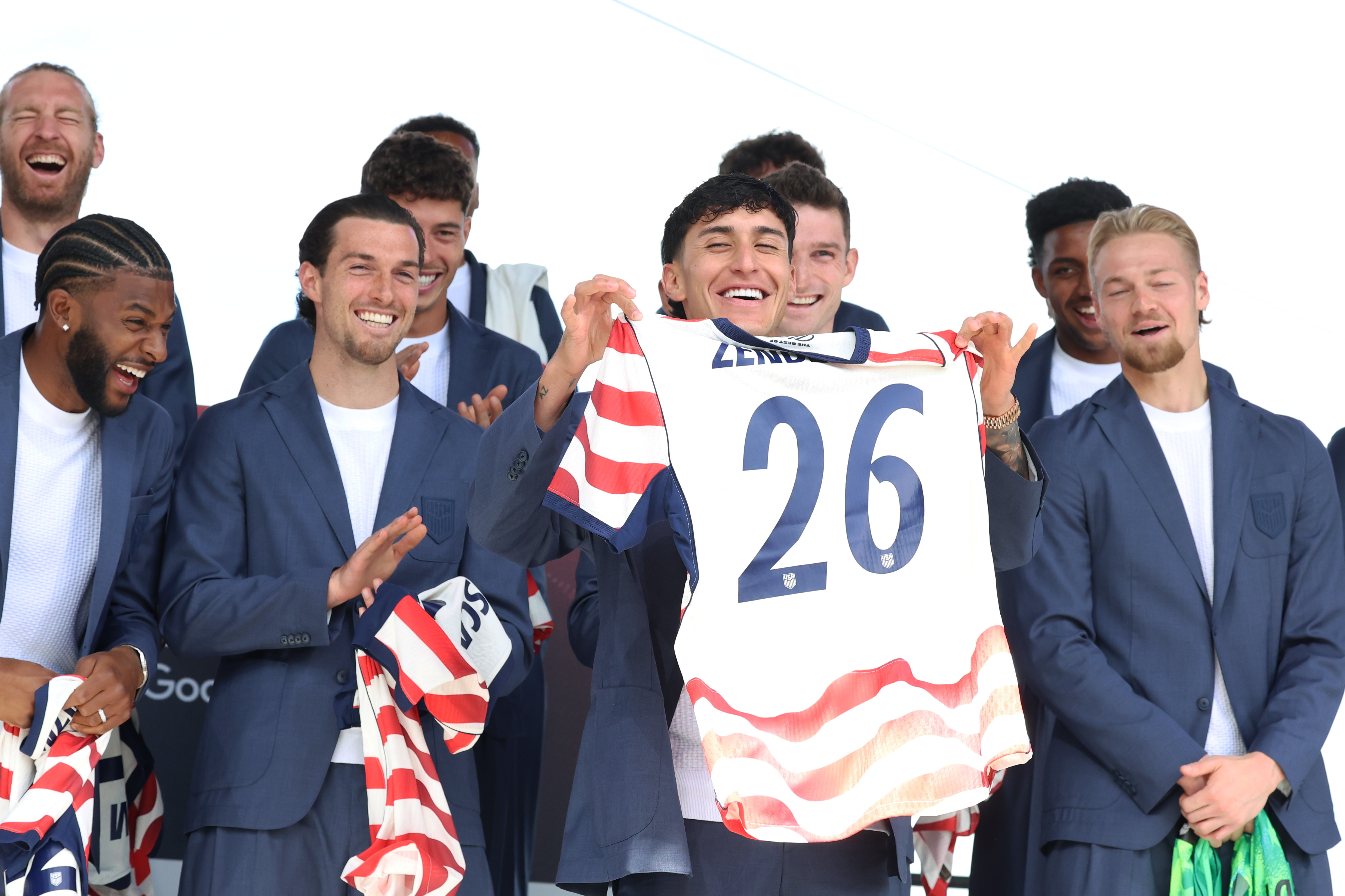 NEW YORK, NEW YORK - MAY 26: Alejandro Zendejas, player of United States, poses with his jersey during the United States World Cup roster reveal on May 26, 2026 in New York City. (Photo by Ira L. Black/USSF/Getty Images)