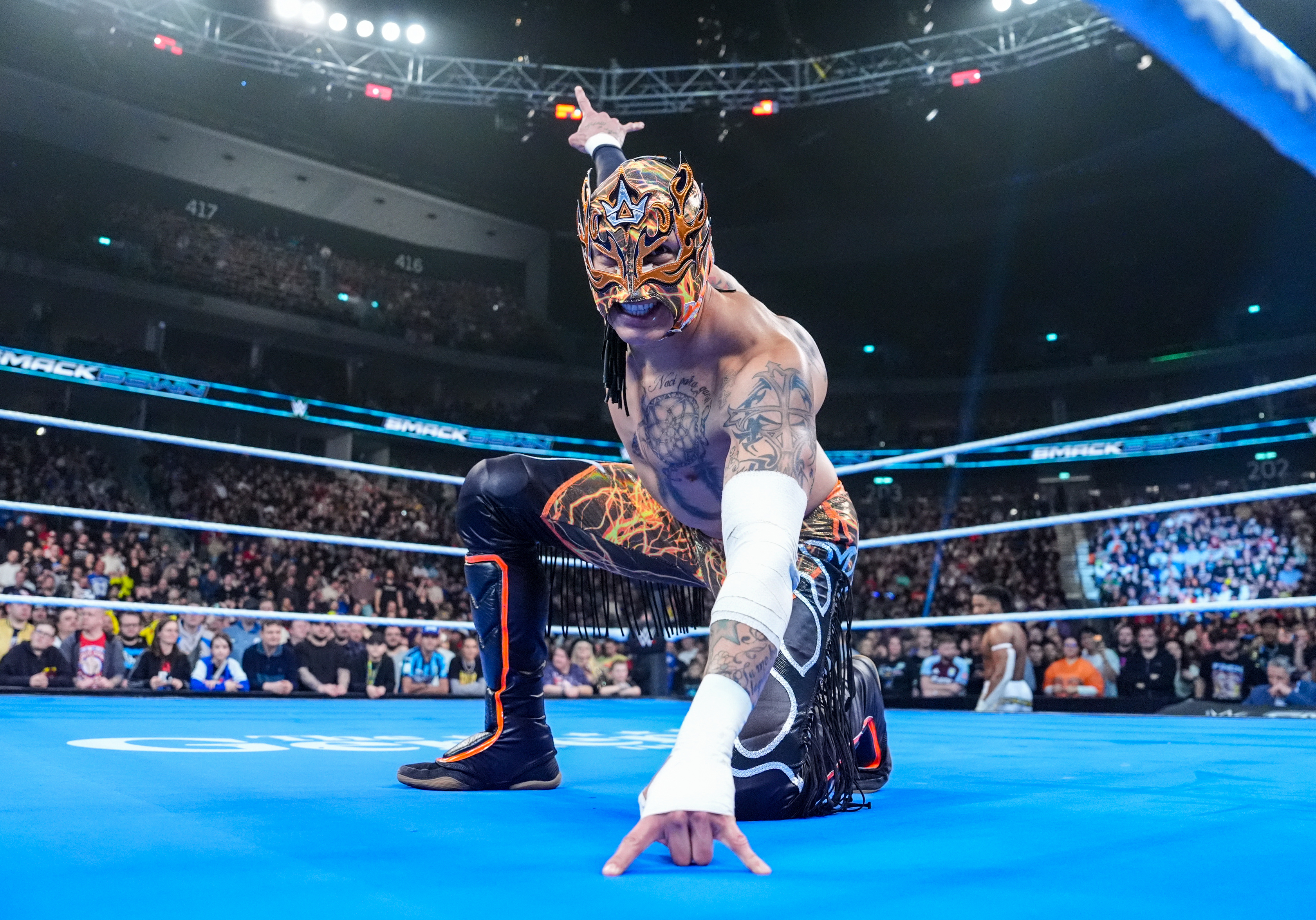BERLIN, GERMANY - JANUARY 9: Rey Fenix enters the ring during SmackDown at Uber Arena on January 9, 2026 in Berlin, Berlin.  (Photo by Craig Ambrosio/WWE via Getty Images)
