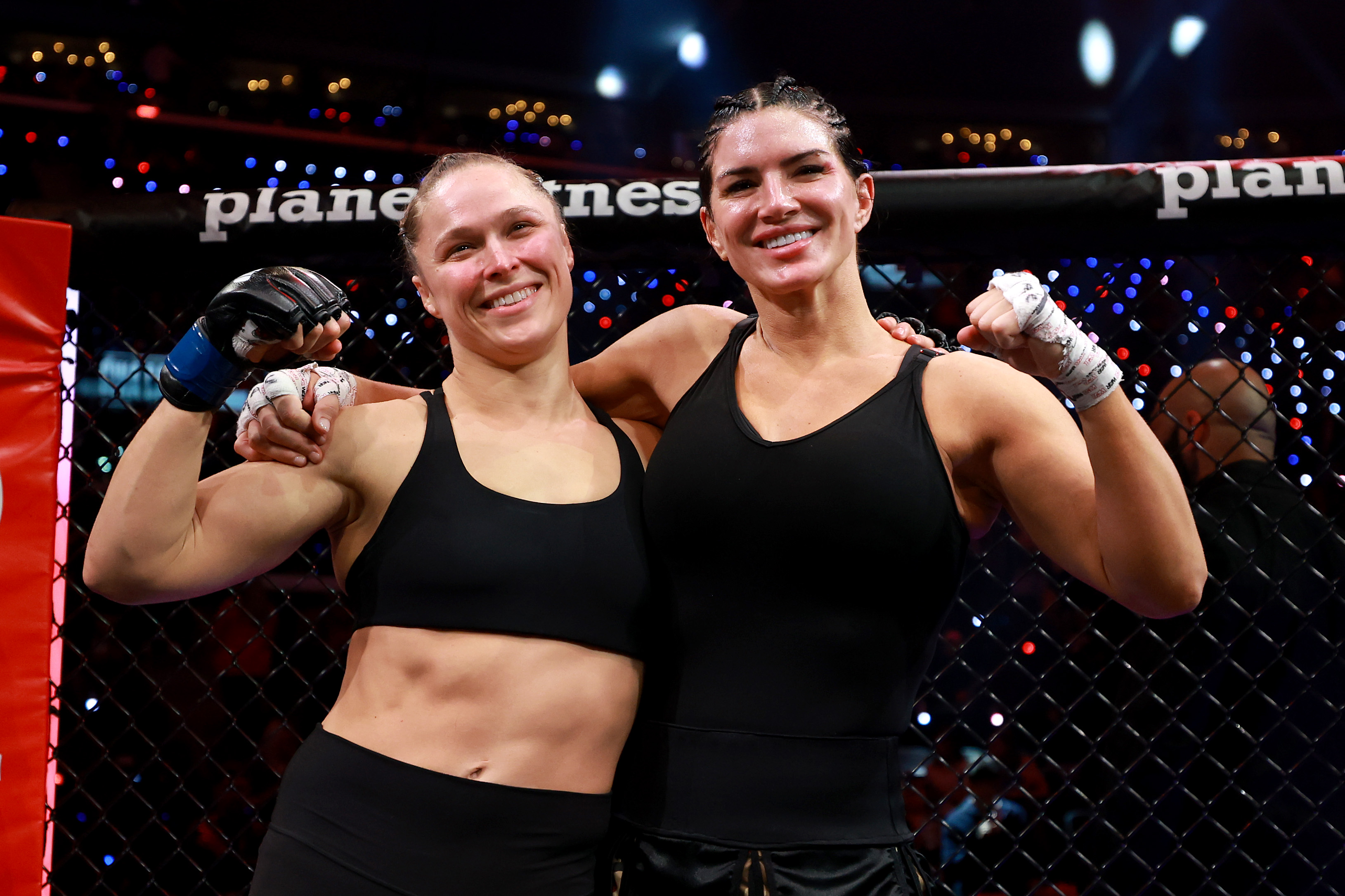 INGLEWOOD, CALIFORNIA - MAY 16: Ronda Rousey and Gina Carano pose for a photo after their featherweight bout during the main card of Netflix's Ronda Rousey vs. Gina Carano at Intuit Dome on May 16, 2026 in Inglewood, California. (Photo by Sarah Stier/Getty Images for Netflix)