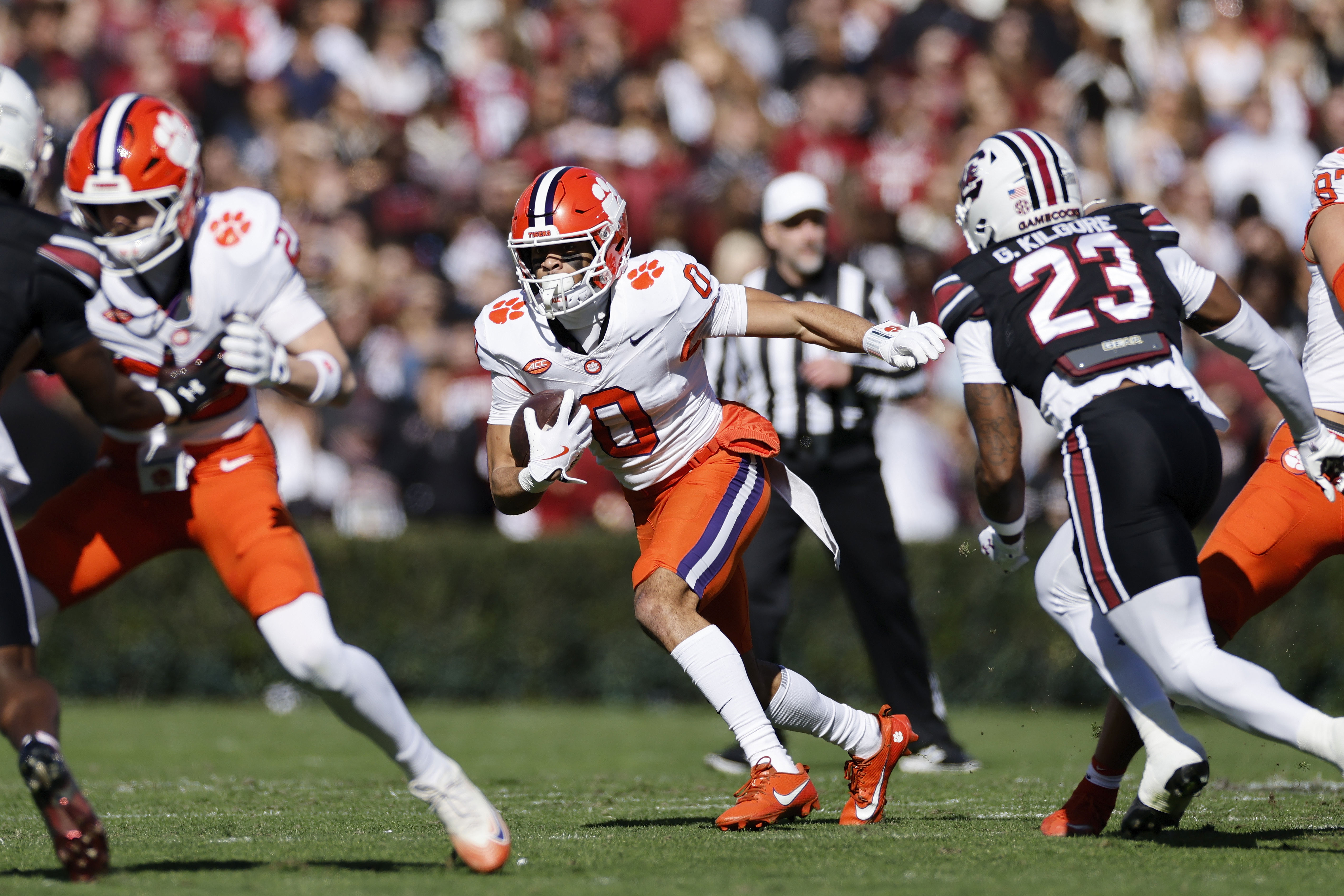COLUMBIA, SC - NOVEMBER 29: Antonio Williams #0 of the Clemson Tigers runs with the ball during a college football game against the South Carolina Gamecocks on November 29, 2025 at Williams-Brice Stadium in Columbia, South Carolina. (Photo by Joe Robbins/Icon Sportswire via Getty Images)