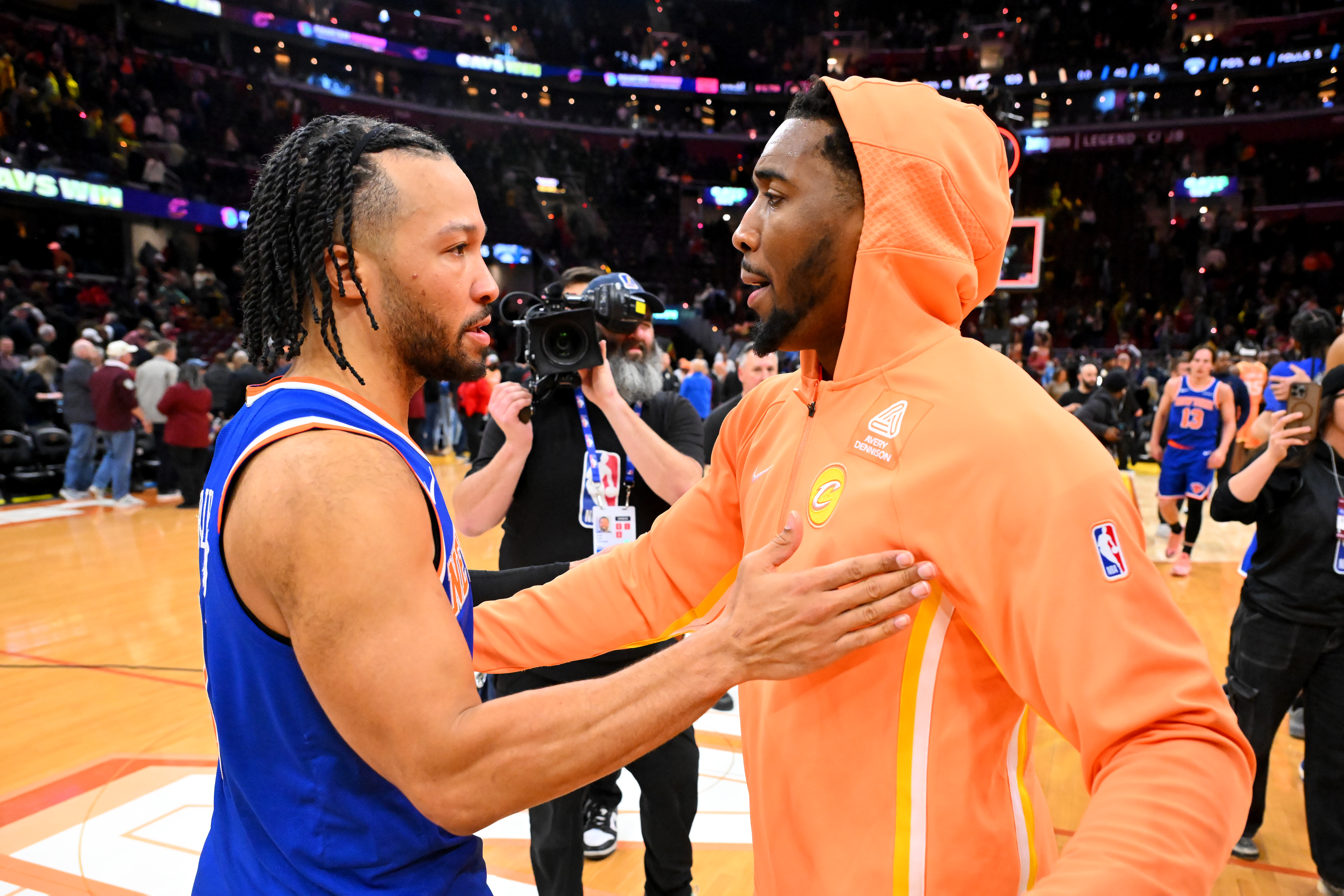 CLEVELAND, OHIO - FEBRUARY 24: (L-R) Jalen Brunson #11 of the New York Knicks talks with Donovan Mitchell #45 of the Cleveland Cavaliers after the game at Rocket Arena on February 24, 2026 in Cleveland, Ohio. The Cavaliers defeated the Knicks 109-94. NOTE TO USER: User expressly acknowledges and agrees that, by downloading and or using this photograph, User is consenting to the terms and conditions of the Getty Images License Agreement. (Photo by Jason Miller/Getty Images)