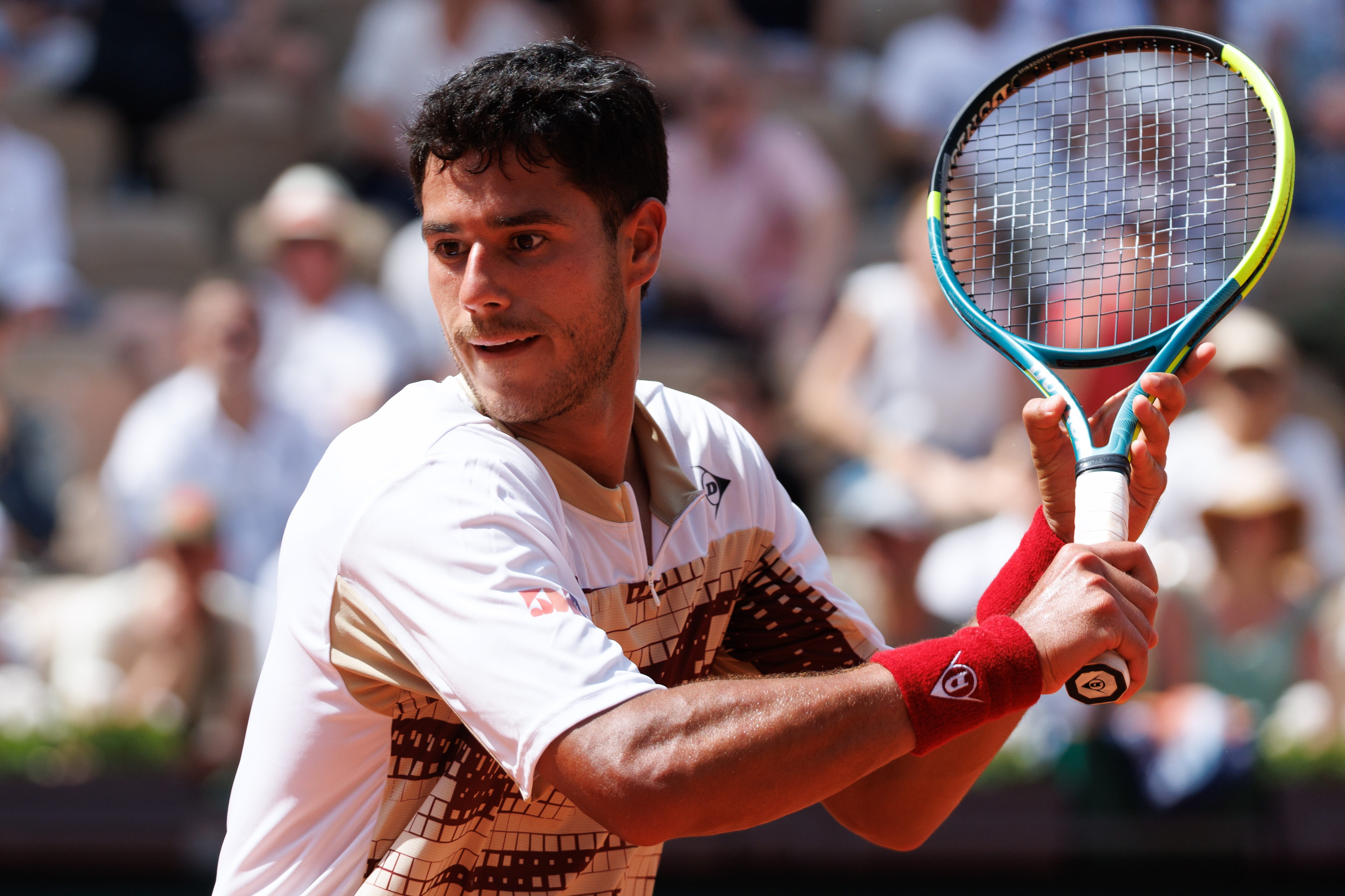 Paris, France - May 28: Adolfo Daniel Vallejo of Paraguay in action against Adolfo Moise Kouame of France during Day Five of the 2026 French Open at Roland Garros on May 28, 2026 in Paris, France. (Photo by Tnani Badreddine/DeFodi Images/DeFodi via Getty Images)