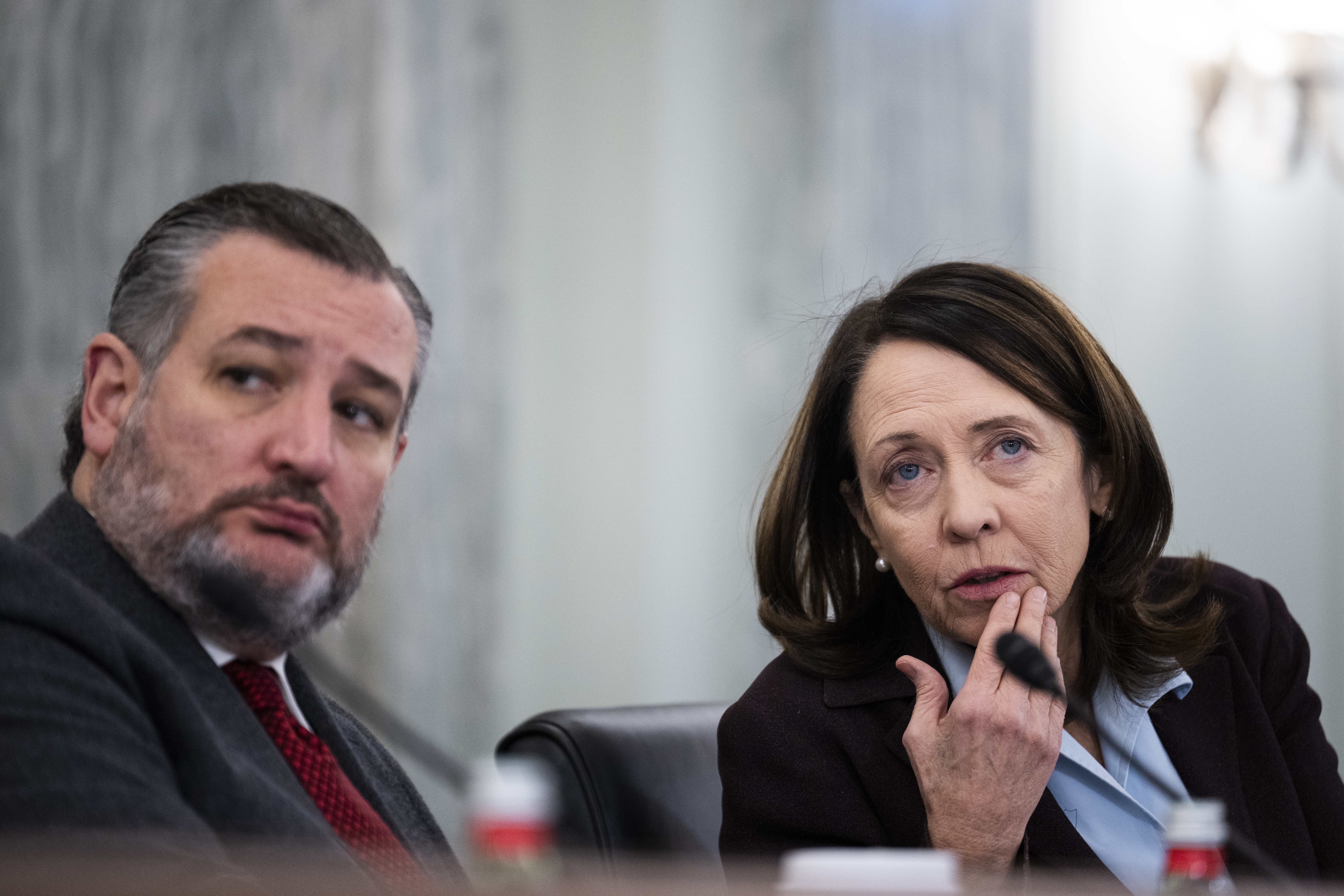 UNITED STATES - FEBRUARY 9: Chair Sen. Maria Cantwell, D-Wash., and ranking member Sen. Ted Cruz, R-Texas, attend the Senate Commerce, Science and Transportation Committee hearing titled Strengthening Airline Operations and Consumer Protections in Russell Building on Thursday, February 9, 2023. (Tom Williams/CQ-Roll Call, Inc via Getty Images)