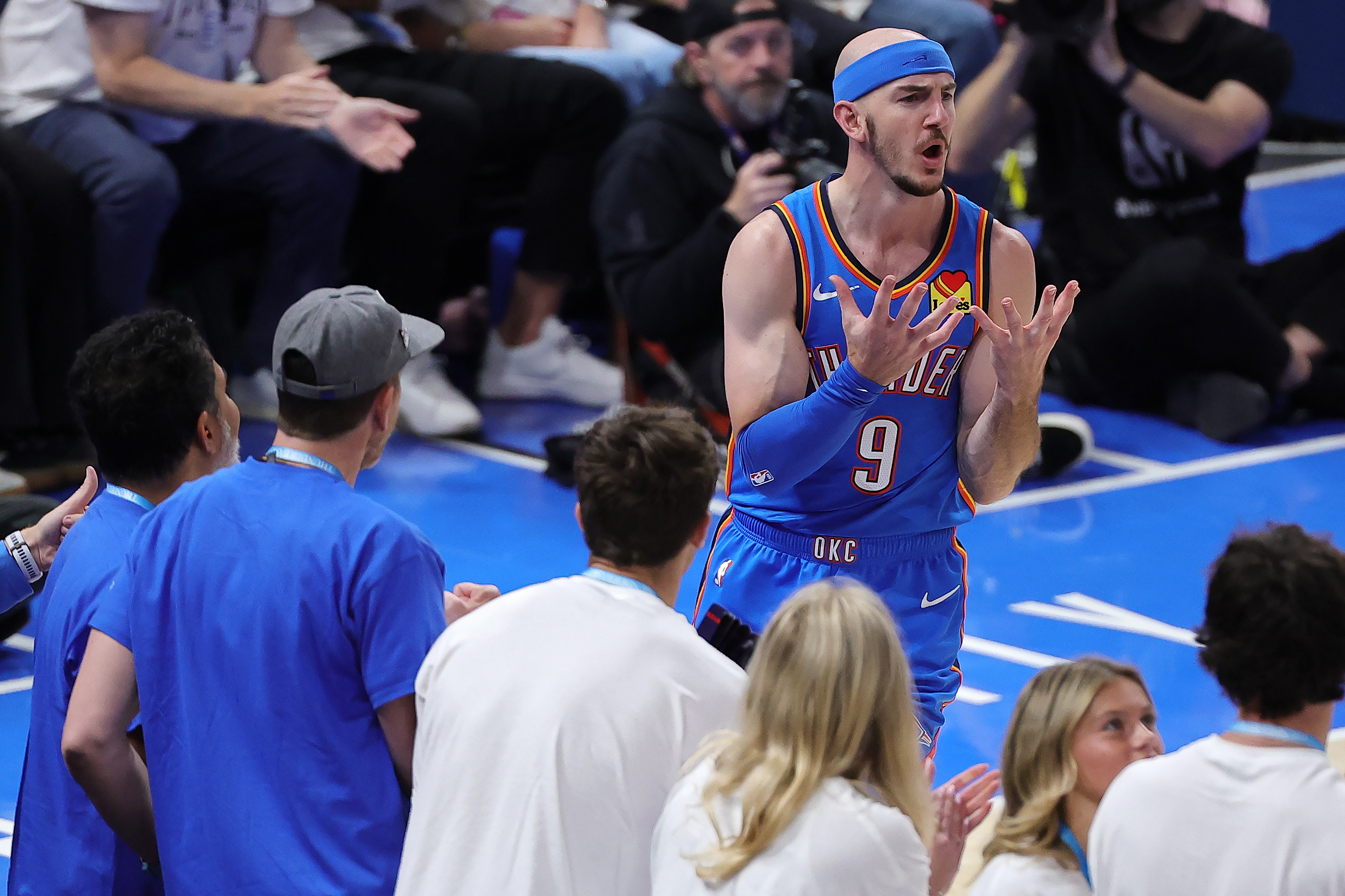 OKLAHOMA CITY, OKLAHOMA - MAY 20: Alex Caruso #9 of the Oklahoma City Thunder reacts during the third quarter against the San Antonio Spurs in Game Two of the NBA Western Conference Finals at Paycom Center on May 20, 2026 in Oklahoma City, Oklahoma. NOTE TO USER: User expressly acknowledges and agrees that, by downloading and or using this photograph, User is consenting to the terms and conditions of the Getty Images License Agreement. (Photo by Alex Slitz/Getty Images)