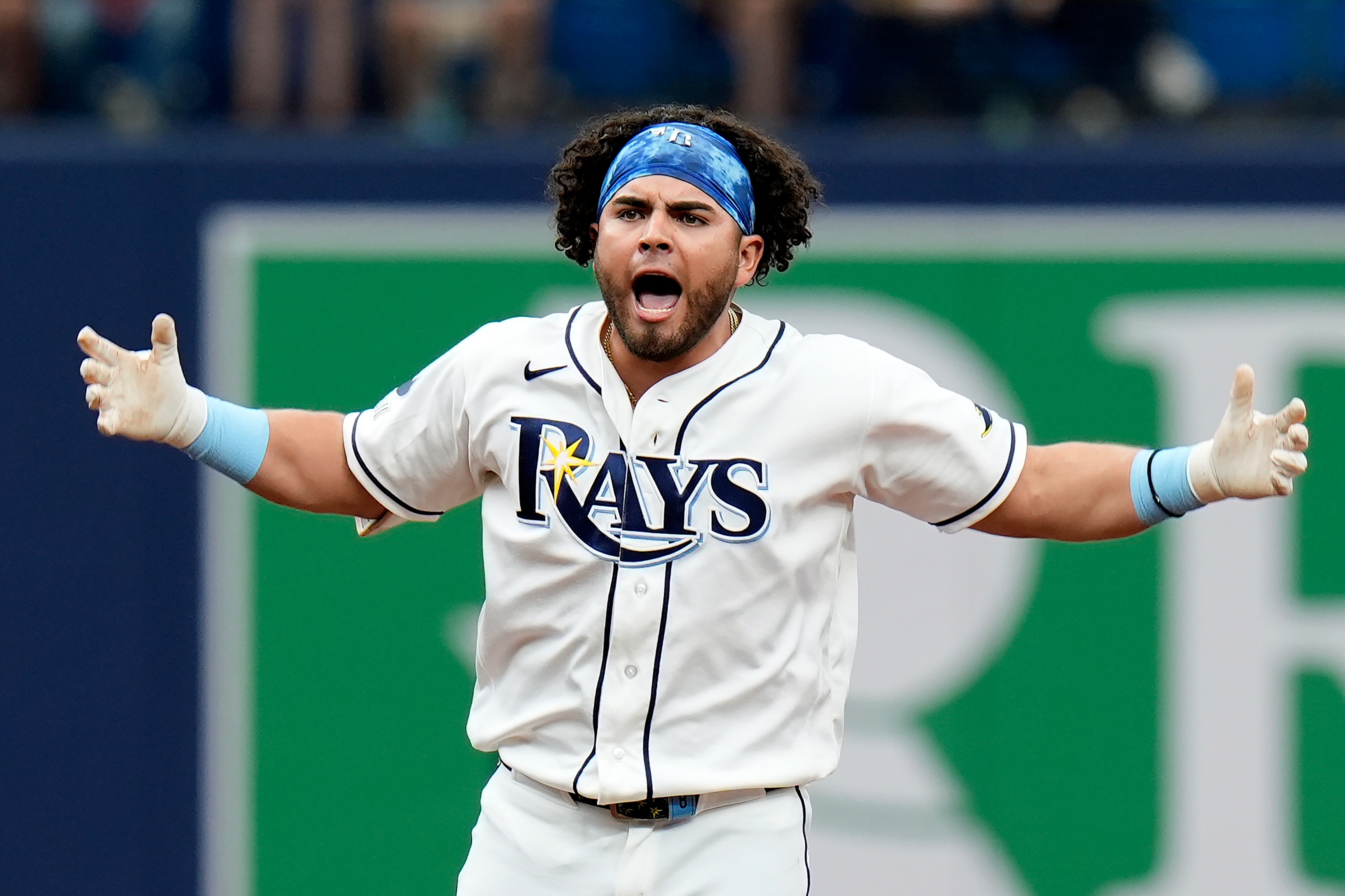 Tampa Bay Rays' Jonathan Aranda celebrates his two-run double off Baltimore Orioles pitcher Anthony Nunez during the eighth inning of a baseball game Wednesday, May 20, 2026, in St. Petersburg, Fla. (AP Photo/Chris O'Meara)