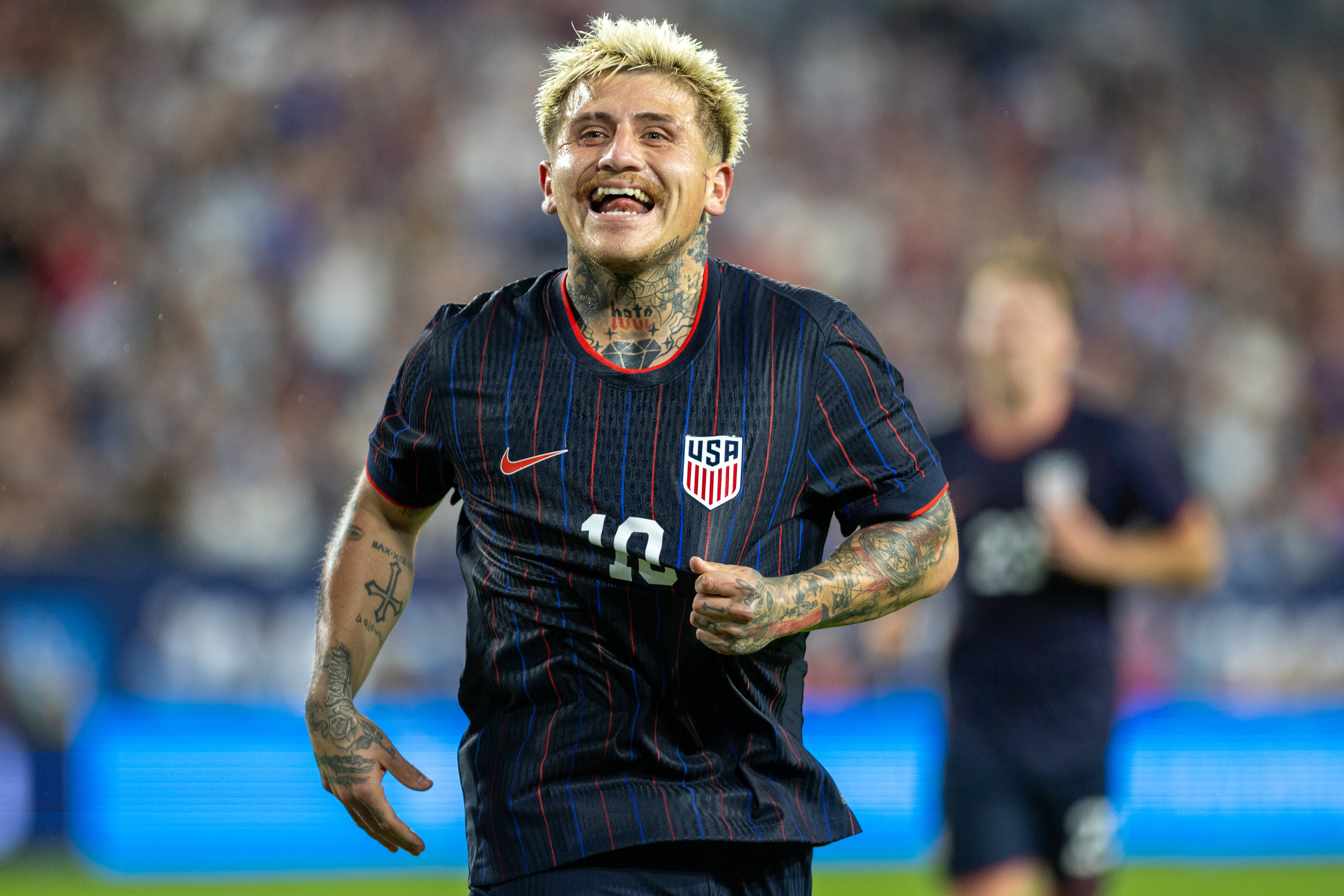TAMPA, FLORIDA - NOVEMBER 18: Diego Luna #10 of the United States celebrates a goal during the first half of an international friendly match between the United States and Uruguay at Raymond James Stadium on November 18, 2025 in Tampa, Florida. (Photo by Eston Parker/ISI Photos/ISI Photos via Getty Images)