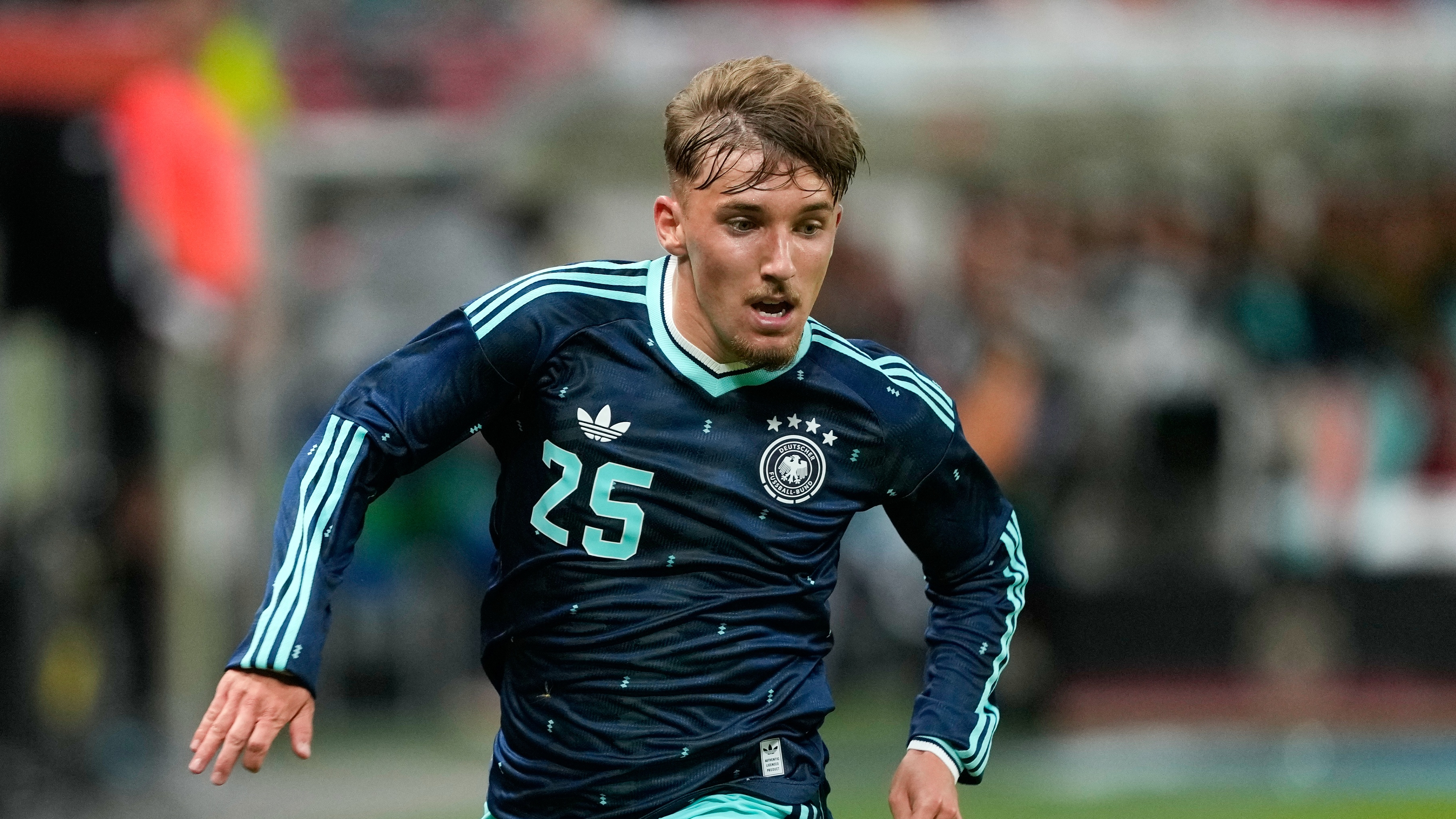 Germany's Lennart Karl during a soccer friendly match between Germany and Finland in Mainz, Germany, Sunday, May 31, 2026. (AP Photo/Michael Probst)