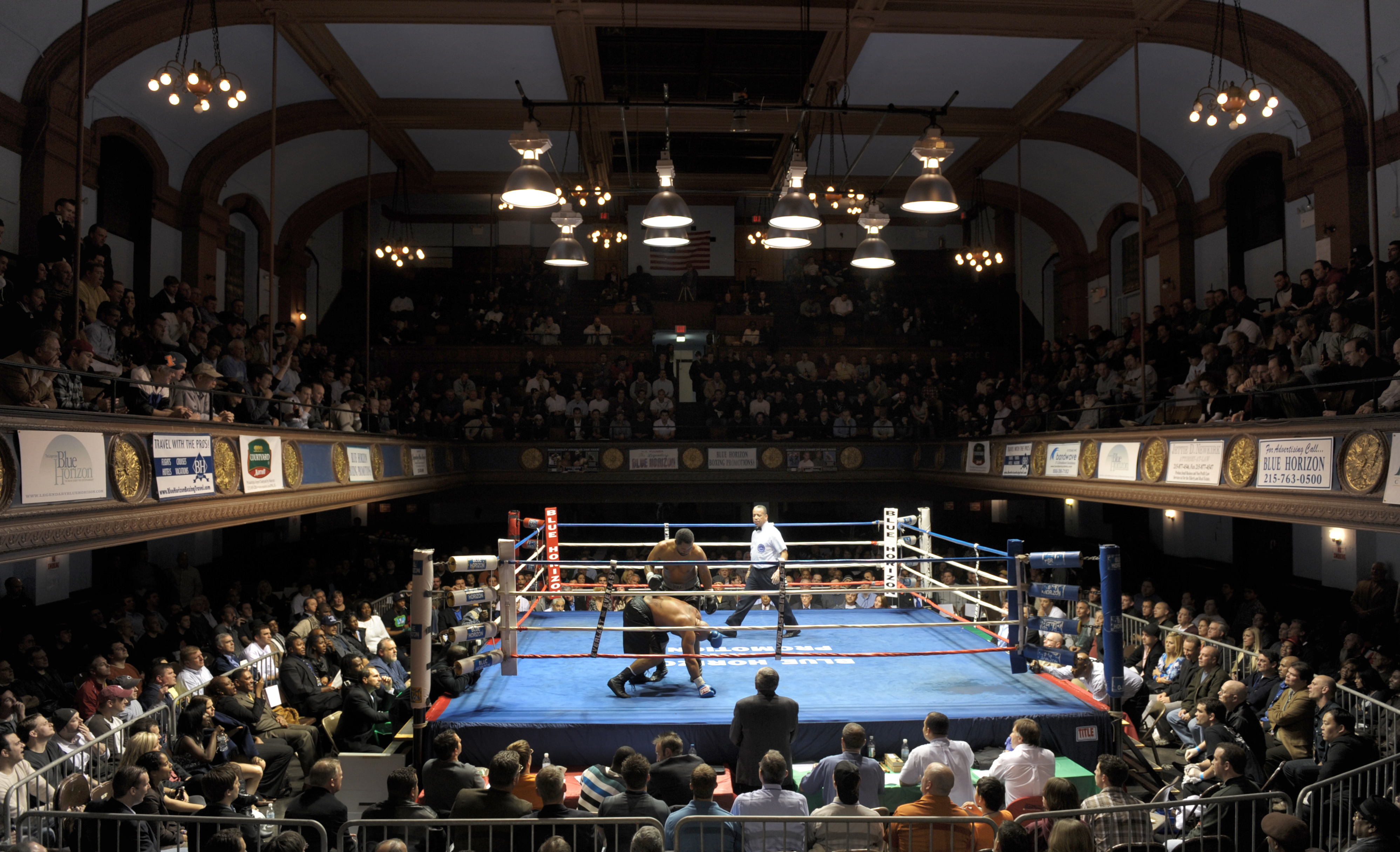 PHILADELPHIA, PENNSYLVANIA - DECEMBER 4: Heavyweight Jonathan Felton stands over his opponent Tim Johnson during their 4 round bout at the Blue Horizon. Johnson won by decision. Photographed December 4, 2009 in Philadelphia, PA. (Photo by Jonathan Newton/The Washington Post via Getty Images)