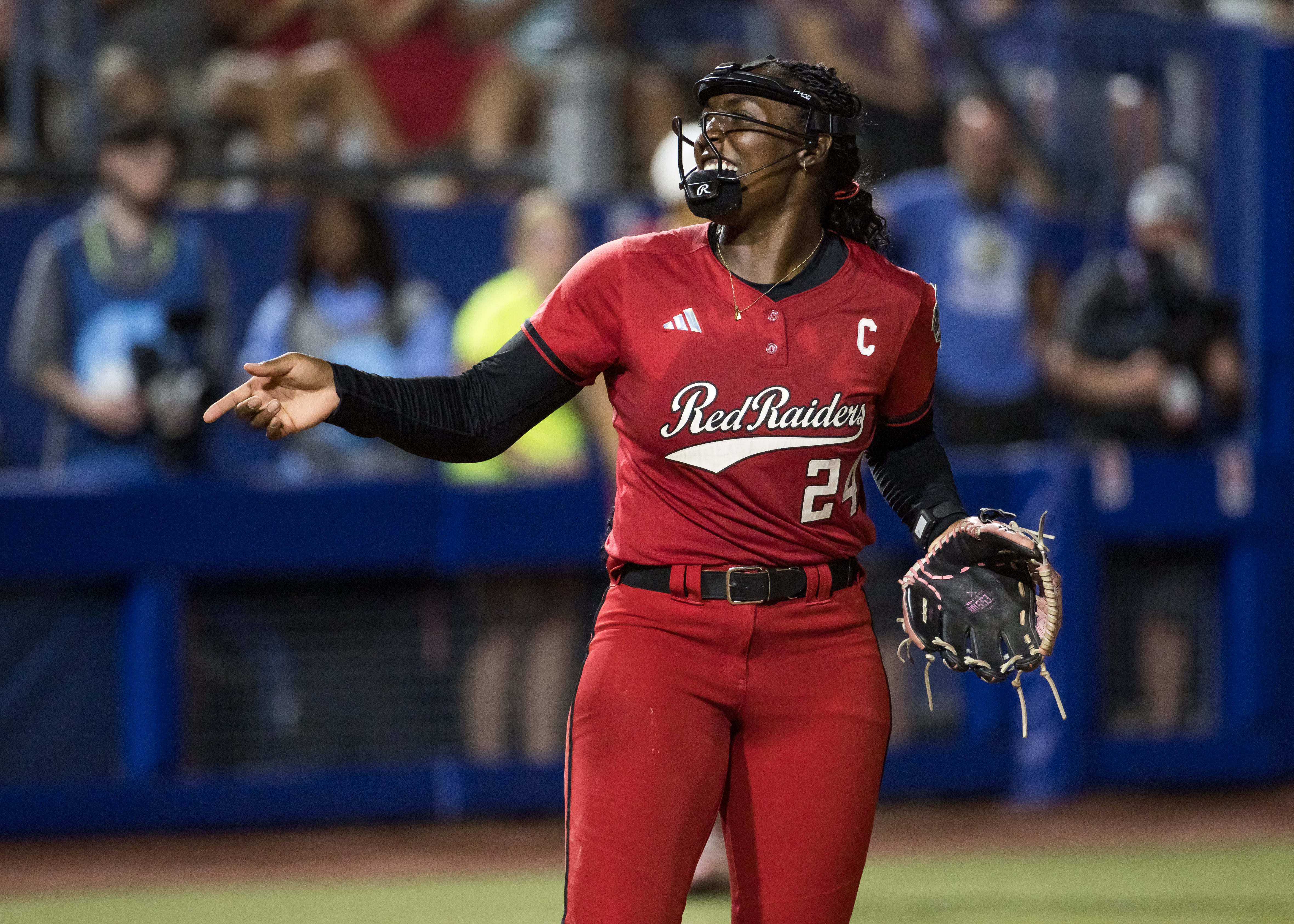 Jun 1, 2026; Oklahoma City, OK, USA;  Texas Tech Red Raiders pitcher Nijaree Canady (24) points after a strikeout in the fifth inning against the Alabama Crimson Tide during the NCAA Women’s College World Series at Devon Park. Mandatory Credit: Brett Rojo-Imagn Images