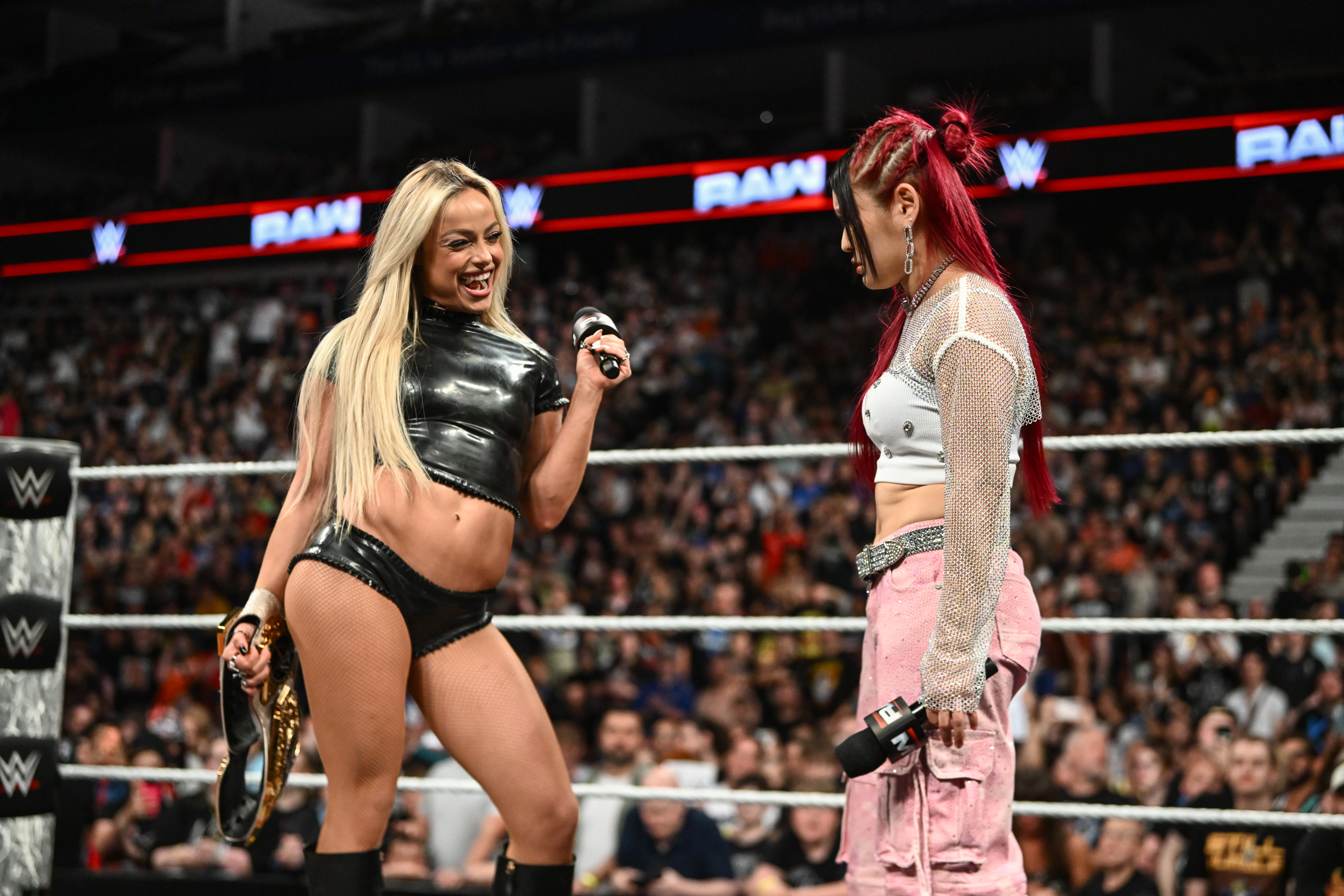 LONDON, ENGLAND - JUNE 22: Liv Morgan speaks to IYO SKY during Monday Night RAW at The O2 Arena on June 22, 2026 in London, England. (Photo by Andrew Timms/WWE via Getty Images)