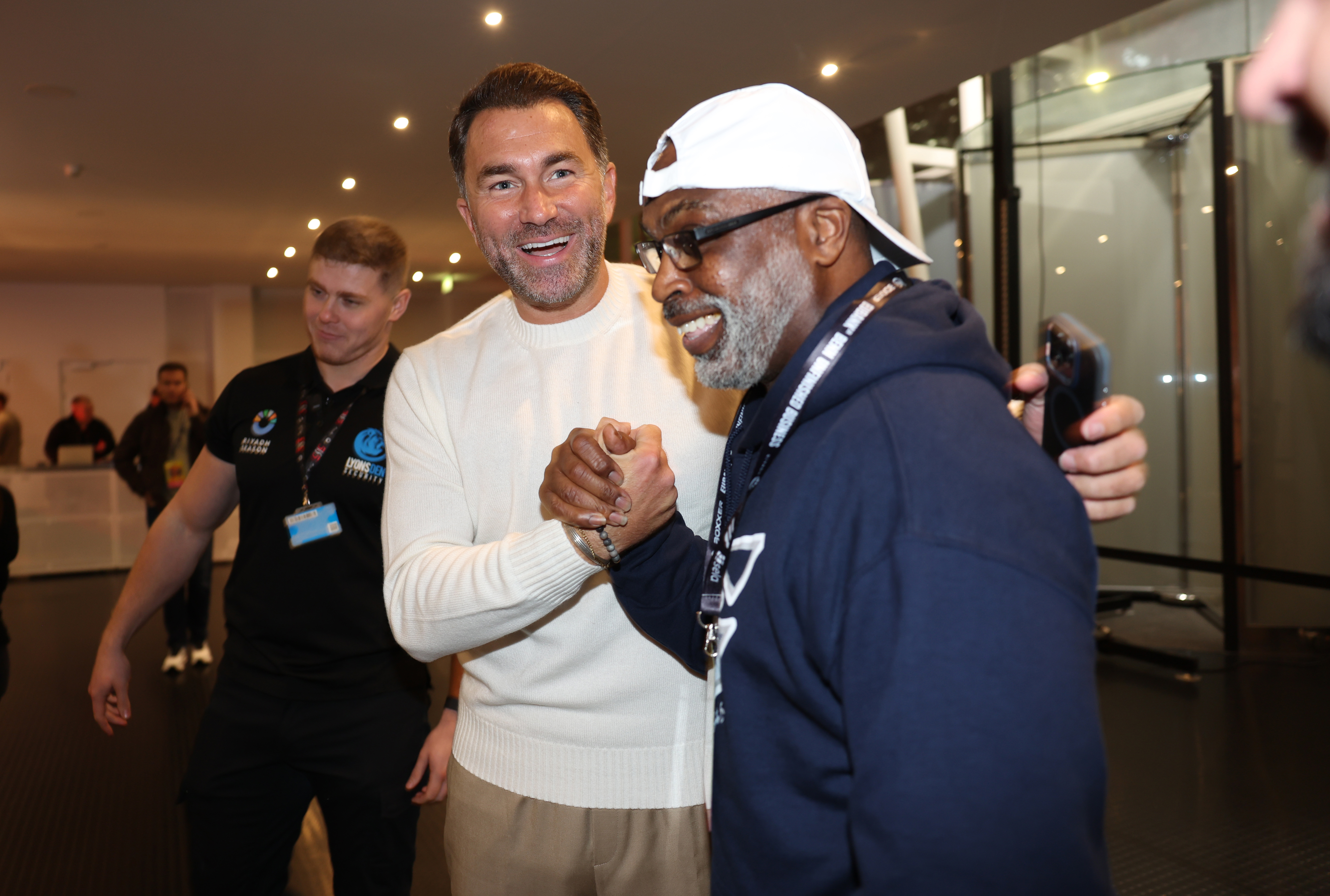 LONDON, ENGLAND - NOVEMBER 11: Eddie Hearn Matchroom Boxing Chairman and Derek ' Bozy' Ennis during the grand arrivals for Chris Eubank Jr v Conor Benn II at The Pelligon on November 11, 2025 in London, England. (Photo by Mark Robinson/Getty Images)