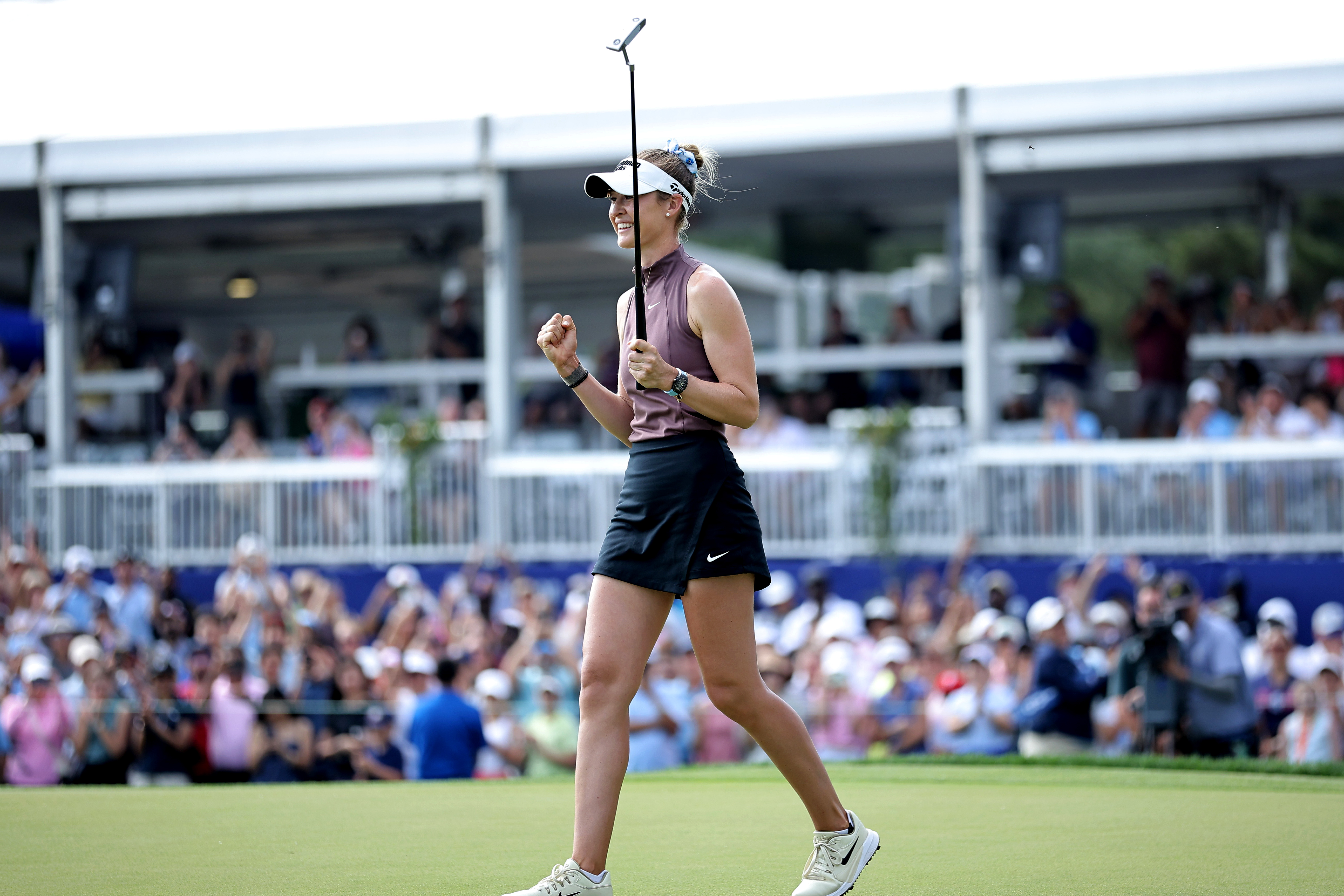 Apr 26, 2026; Houston, Texas, USA; Nelly Korda reacts after winning the The Chevron Championship golf tournament. Mandatory Credit: Erik Williams-Imagn Images