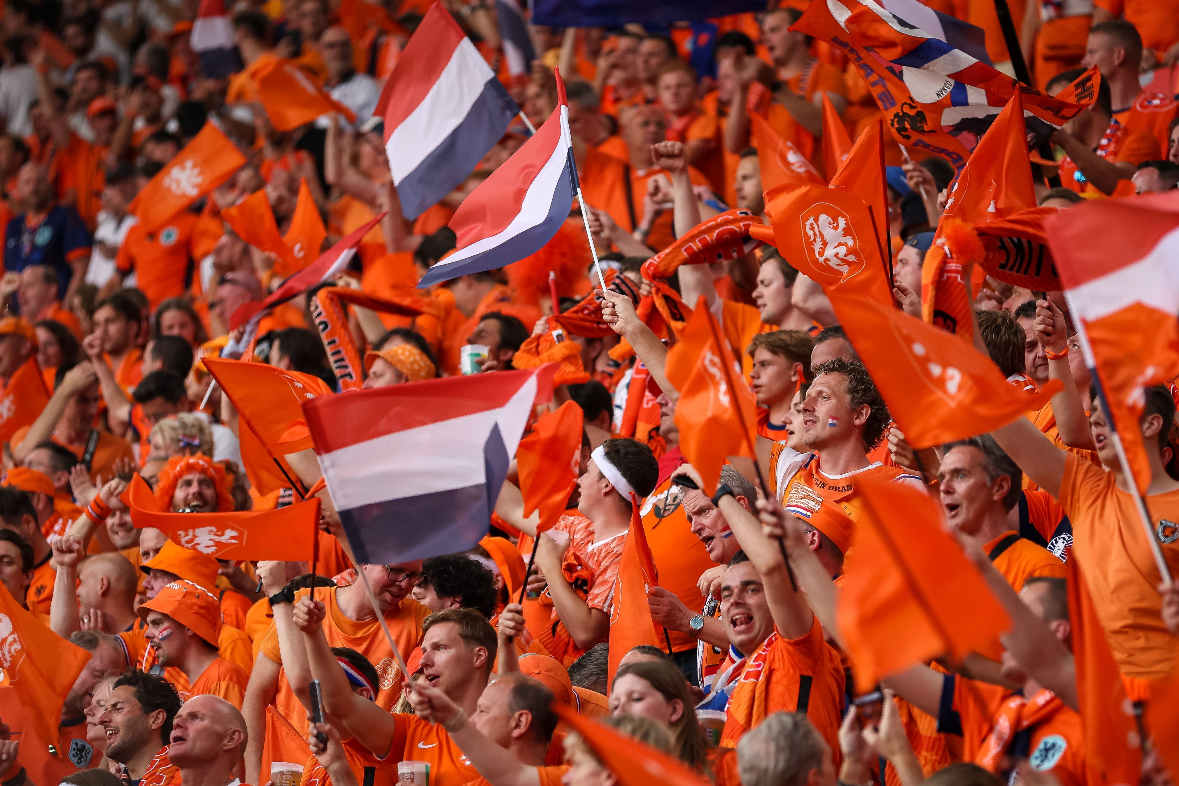 DORTMUND, GERMANY - JULY 10: Fans of The Netherlands cheer for their team during the UEFA EURO 2024 semi-final match between Netherlands and England at Football Stadium Dortmund on July 10, 2024 in Dortmund, Germany. (Photo by Inaki Esnaola/Getty Images)