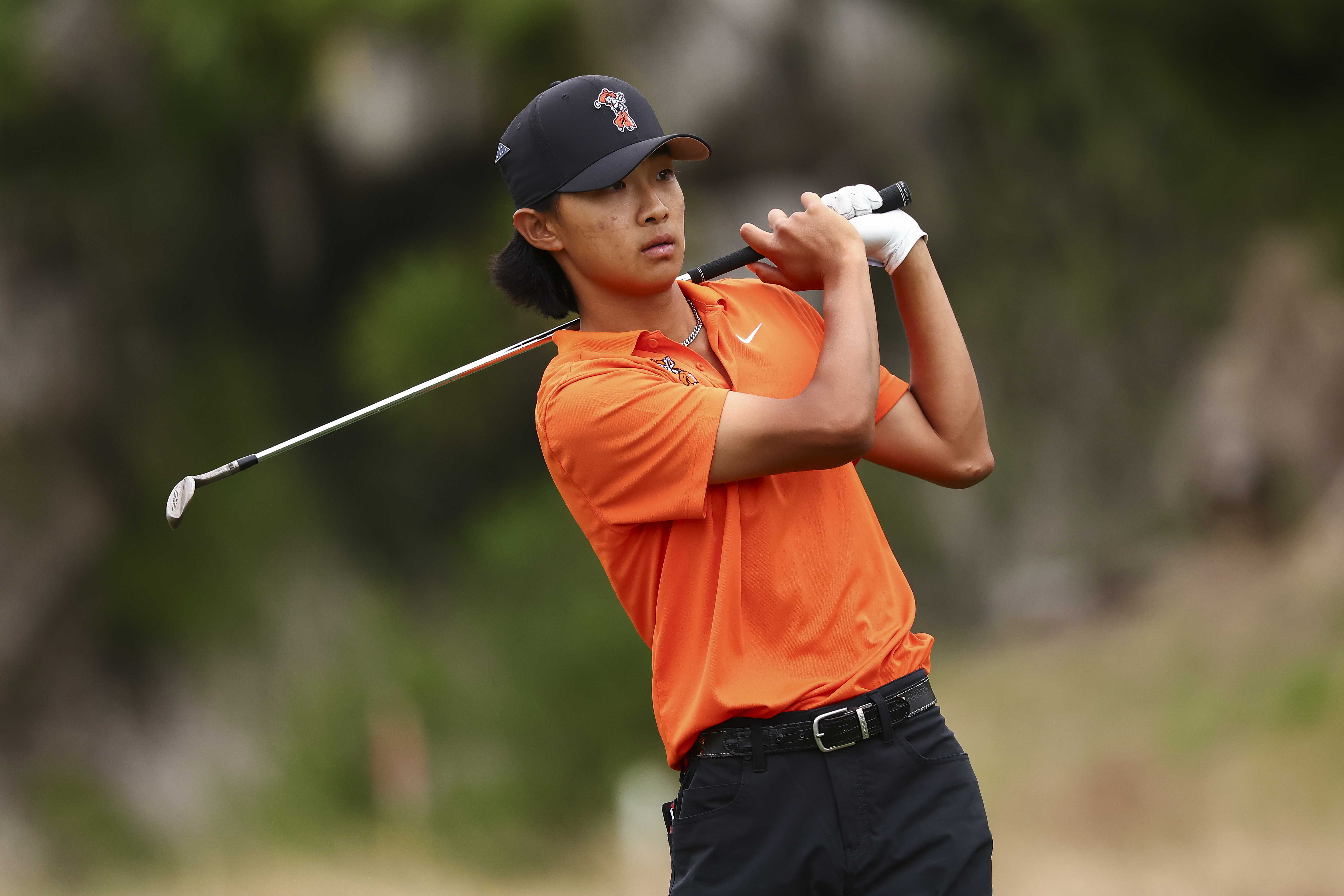 CARLSBAD, CALIFORNIA - MAY 28: Eric Lee of the Oklahoma State Cowboys looks on after chipping during the NCAA Division I Men's Golf Championship held at the Omni La Costa Resort & Spa on May 28, 2025 in Carlsbad, California. (Photo by Tyler McFarland/NCAA Photos via Getty Images)