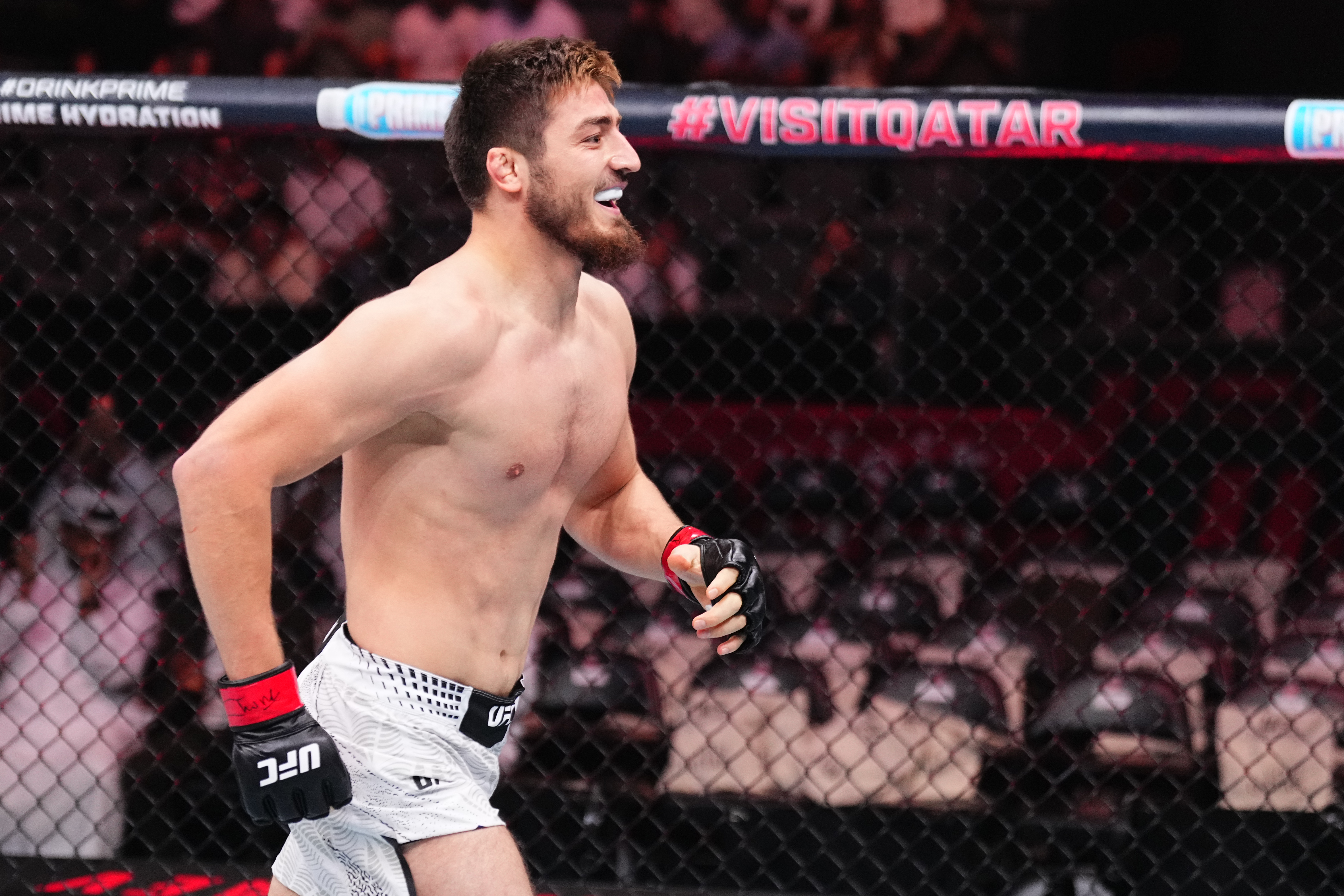 DOHA, QATAR - NOVEMBER 22: Abdul Rakhman Yakhyaev of Russia reacts after a submission victory against Rafael Cerquiera of Brazil in a light heavyweight fight during the UFC Fight Night event at ABHA Arena on November 22, 2025 in Doha, Qatar.  (Photo by Jeff Bottari/Zuffa LLC)