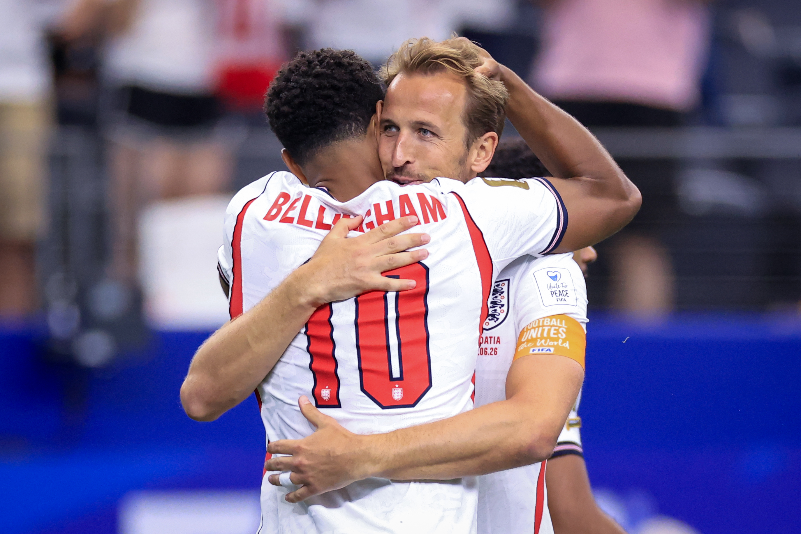 DALLAS, TEXAS - JUNE 17: Jude Bellingham celebrates with Harry Kane of England during the FIFA World Cup 2026 Group L match between England and Croatia at Dallas Stadium on June 17, 2026 in Dallas, United States. (Photo by Marc Atkins/Getty Images)