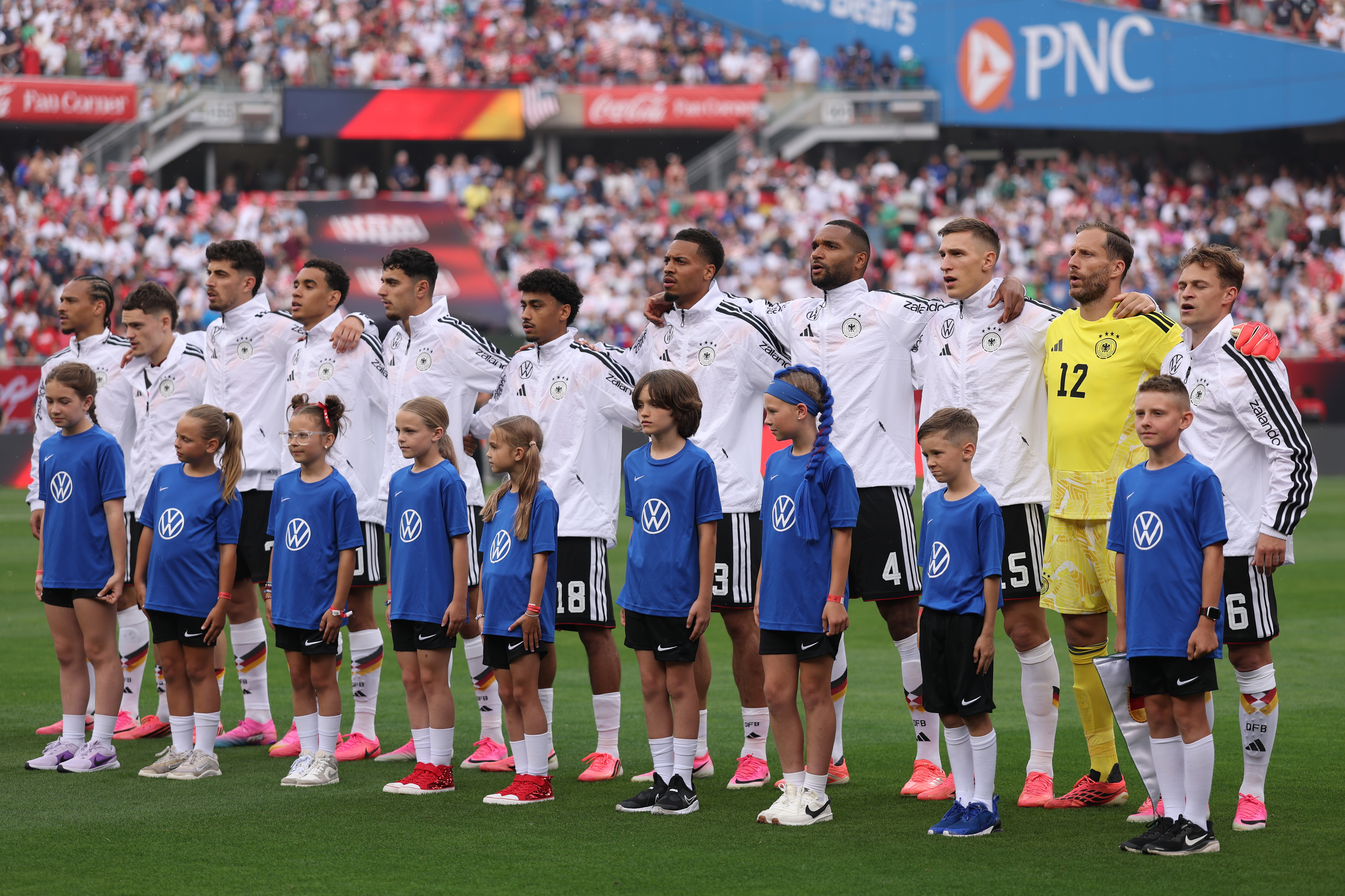 CHICAGO, ILLINOIS - JUNE 06: Players of Germany sing the national anthem prior to the international friendly match between United States and Germany at Soldier Field on June 06, 2026 in Chicago, Illinois. (Photo by Jamie Squire/Getty Images)
