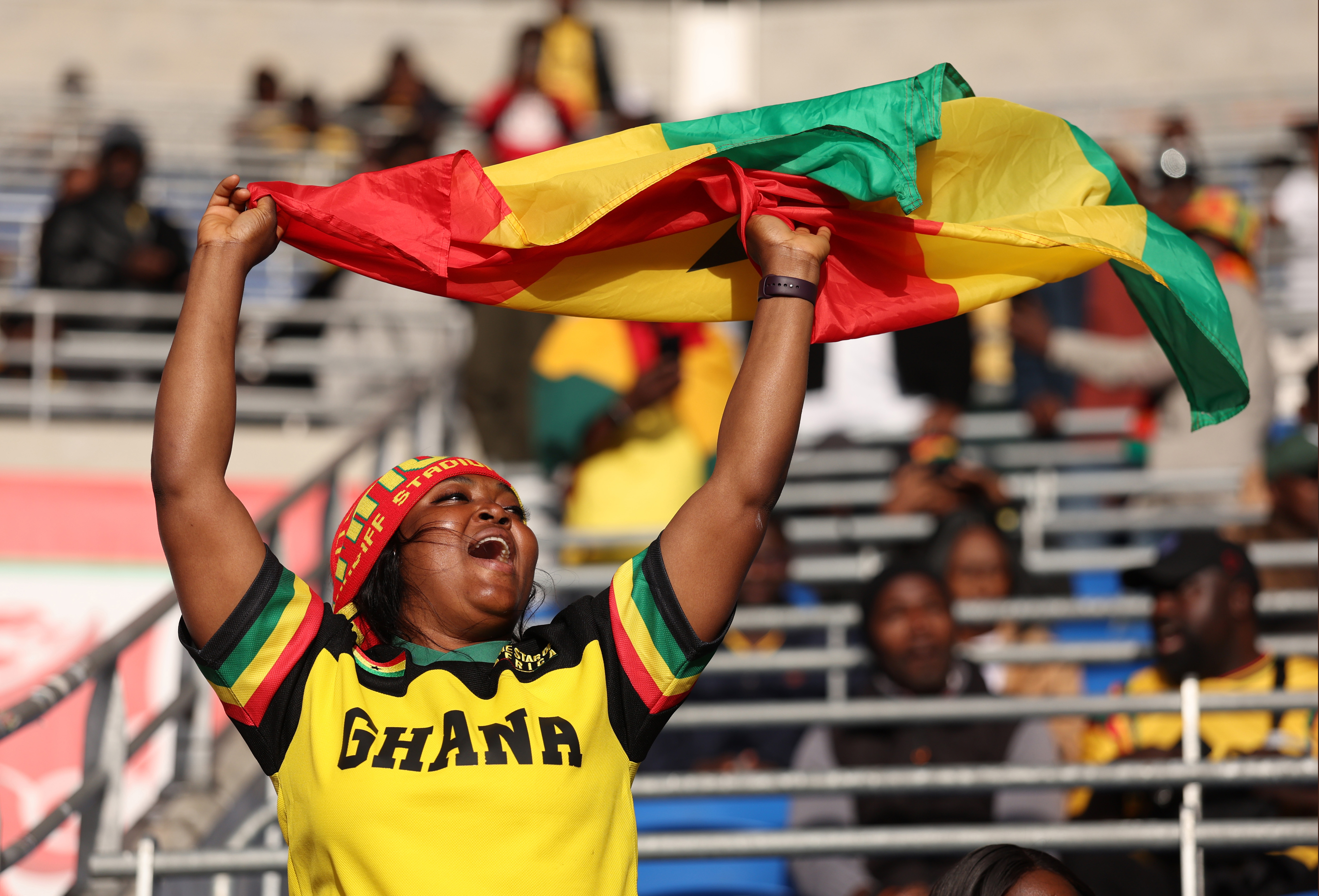 CARDIFF, WALES - JUNE 02: A supporter of Ghana during the international friendly match between Wales and Ghana at Cardiff City Stadium on June 02, 2026 in Cardiff, Wales. (Photo by Catherine Ivill - AMA/Getty Images)