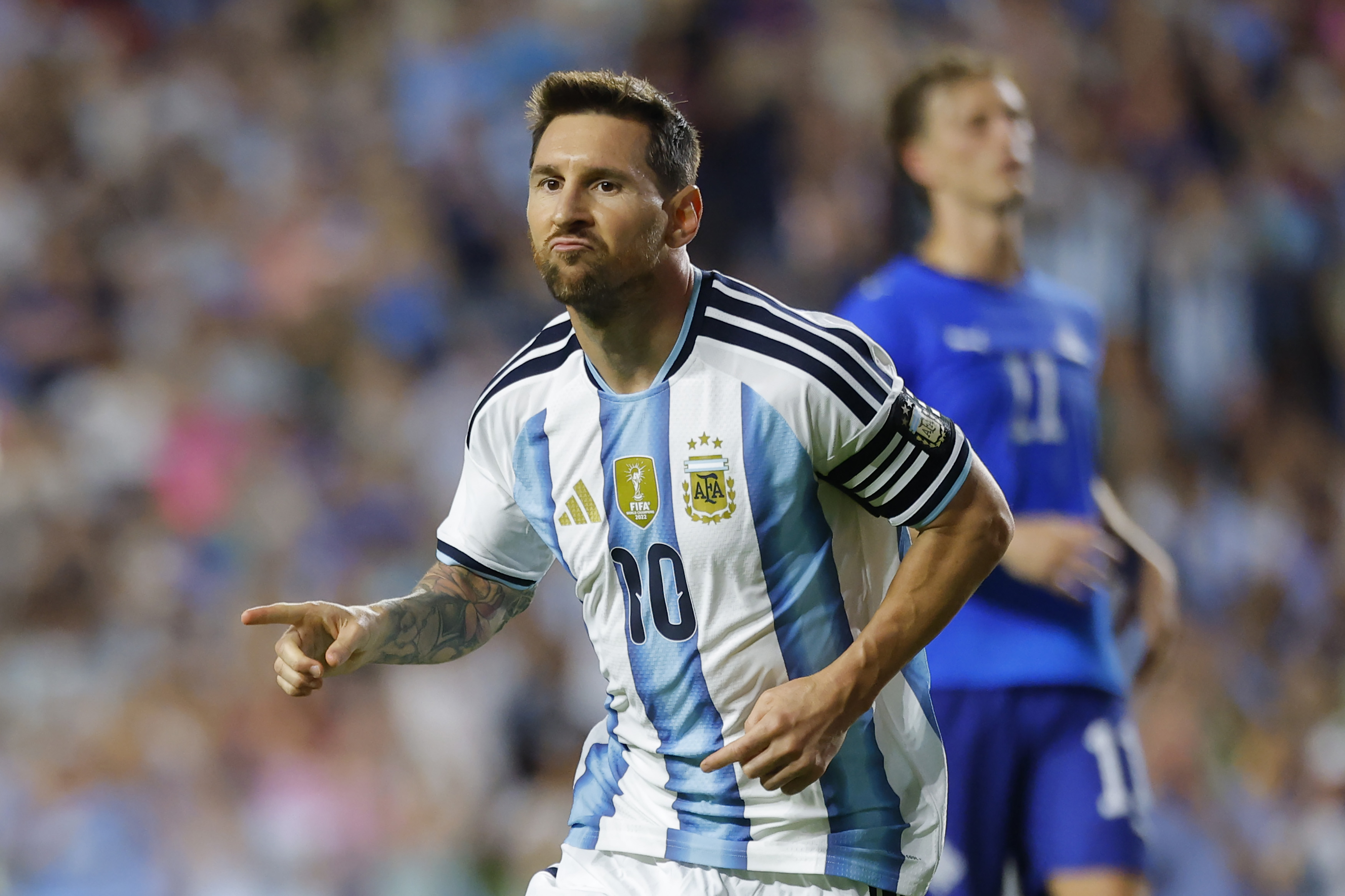 AUBURN, ALABAMA - JUNE 09: Lionel Messi of Argentina celebrates after scoring the team's second goal during the international friendly match between Argentina and Iceland at Jordan-Hare Stadium on June 09, 2026 in Auburn, Alabama. (Photo by Todd Kirkland/Getty Images)