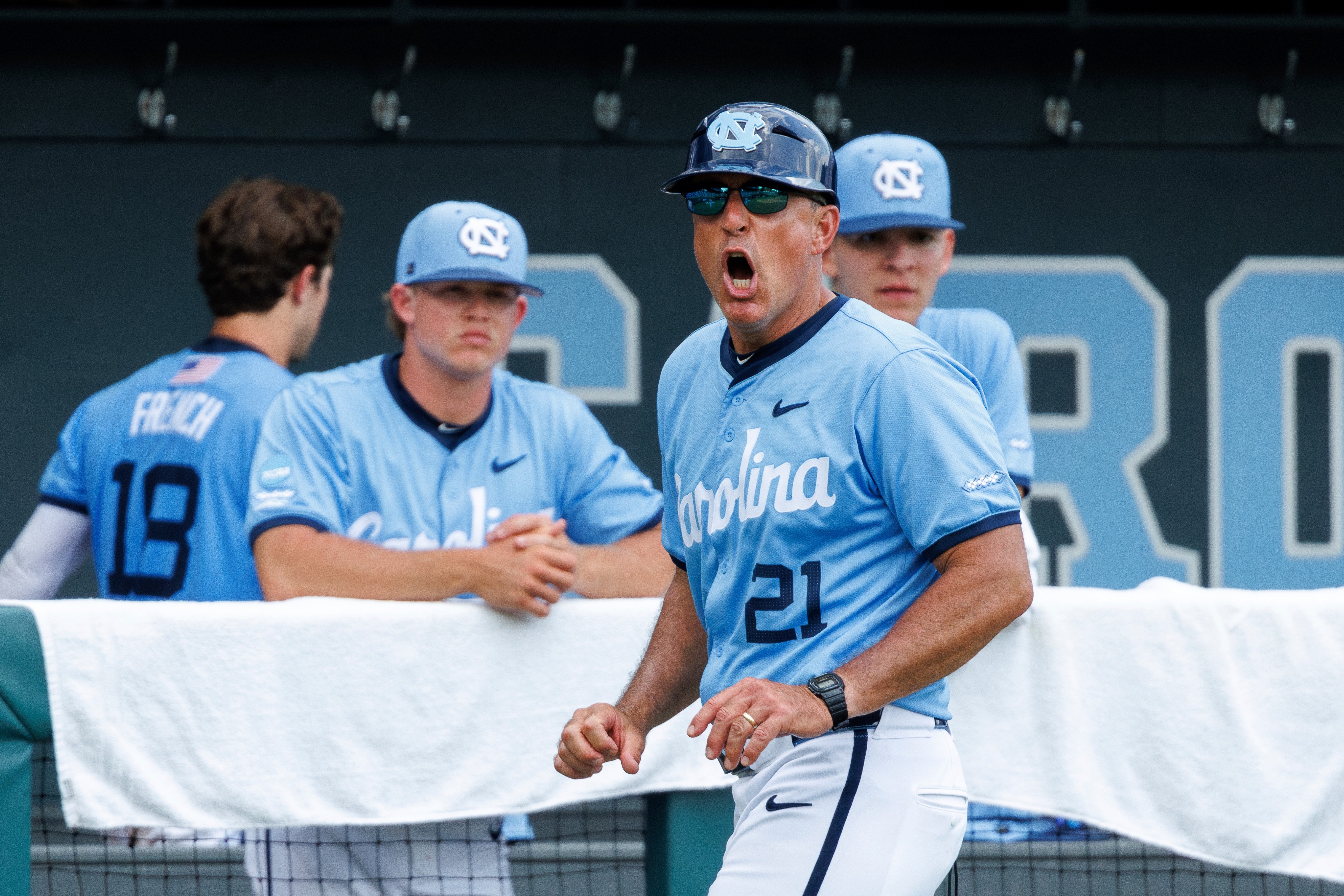FILE - North Carolina head coach Scott Forbes shouts at an umpire after a called third strike in the eighth inning of an NCAA super regional baseball game against Arizona on June 7, 2025, in Chapel Hill, N.C. (AP Photo/Ben McKeown, File)