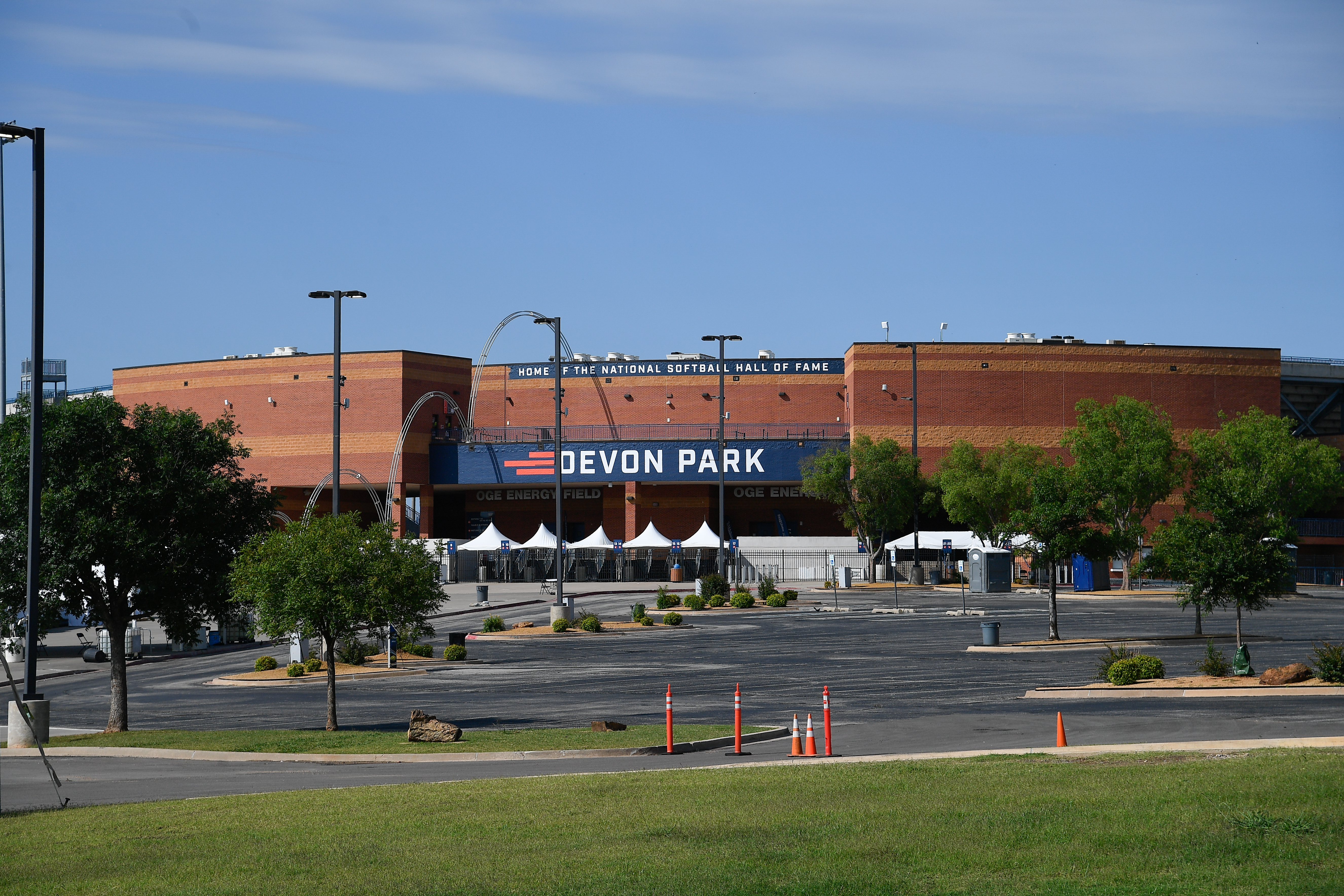 OKLAHOMA CITY, OK - JUNE 07: A general view of the exterior of Devon Park on June 7, 2025, in Oklahoma City, OK. Devon Park is the world's largest softball stadium, the permanent venue for the NCAA Women's College World Series, USA Softball headquarters, National Softball Hall of Fame, and will be the softball venue for the Los Angeles 2028 Olympics. (Photo by Erica Denhoff/Icon Sportswire via Getty Images)